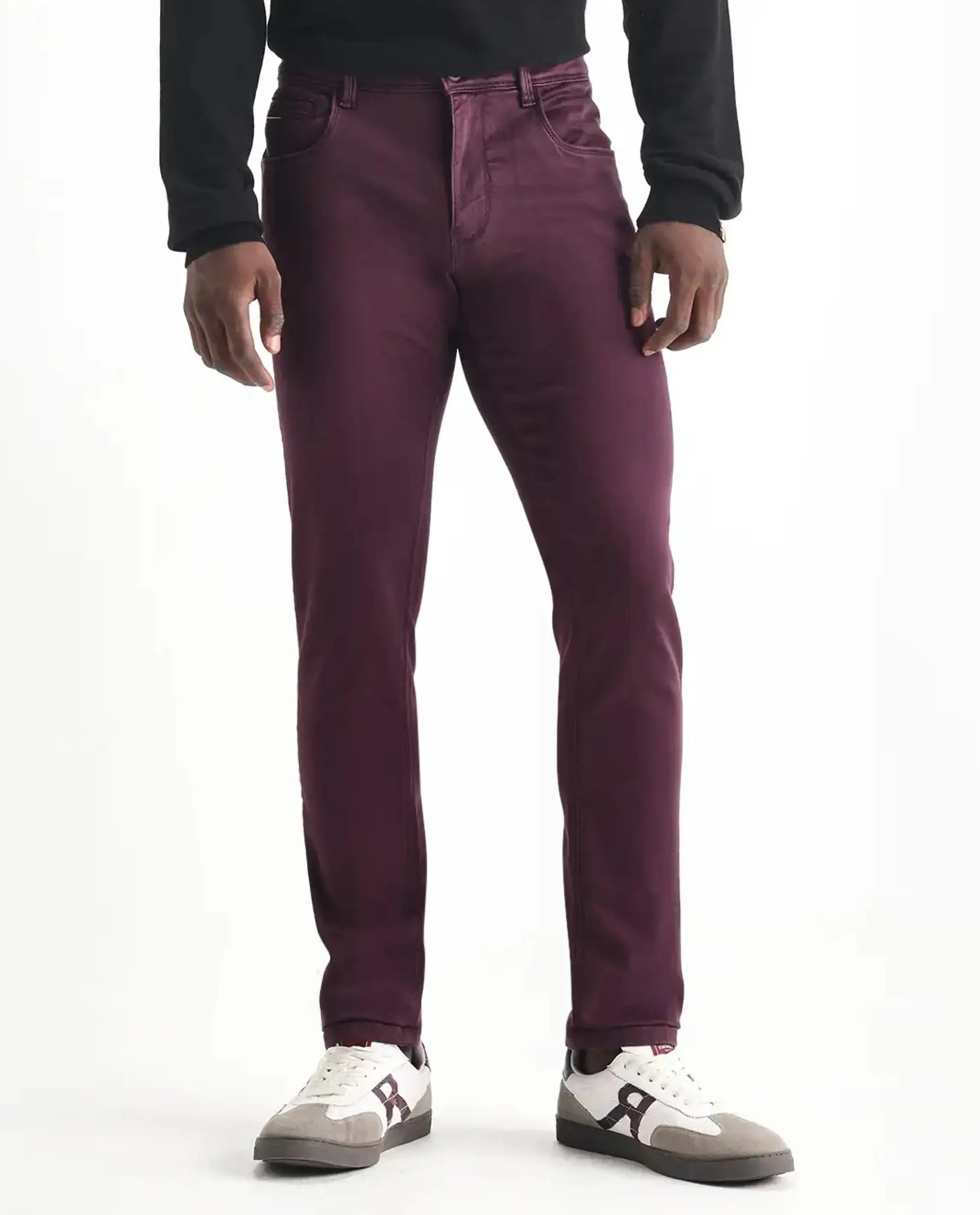 Rare Rabbit Men's Essen Dark Maroon Cotton Plain Hawk Slim Fit Jeans