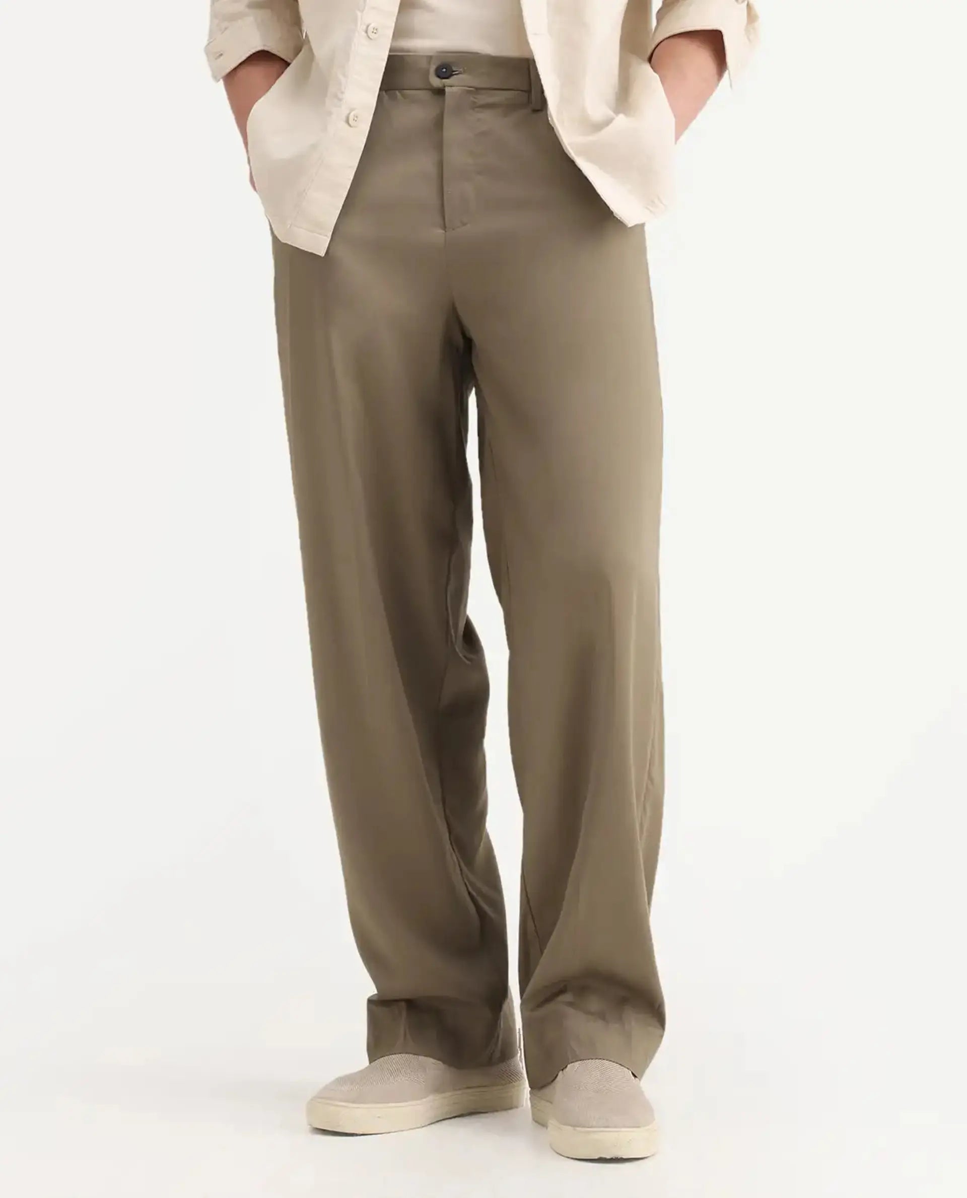 Rare Rabbit Men's Essot Khaki Viscose Blend Plain Baggy Fit Trouser