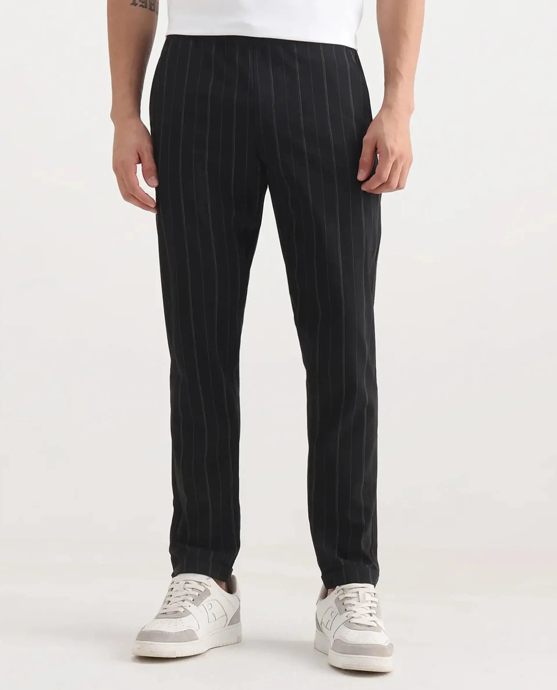Rare Rabbit Men's Evita Black Polyester Blend Striped Print Regular Fit Trouser