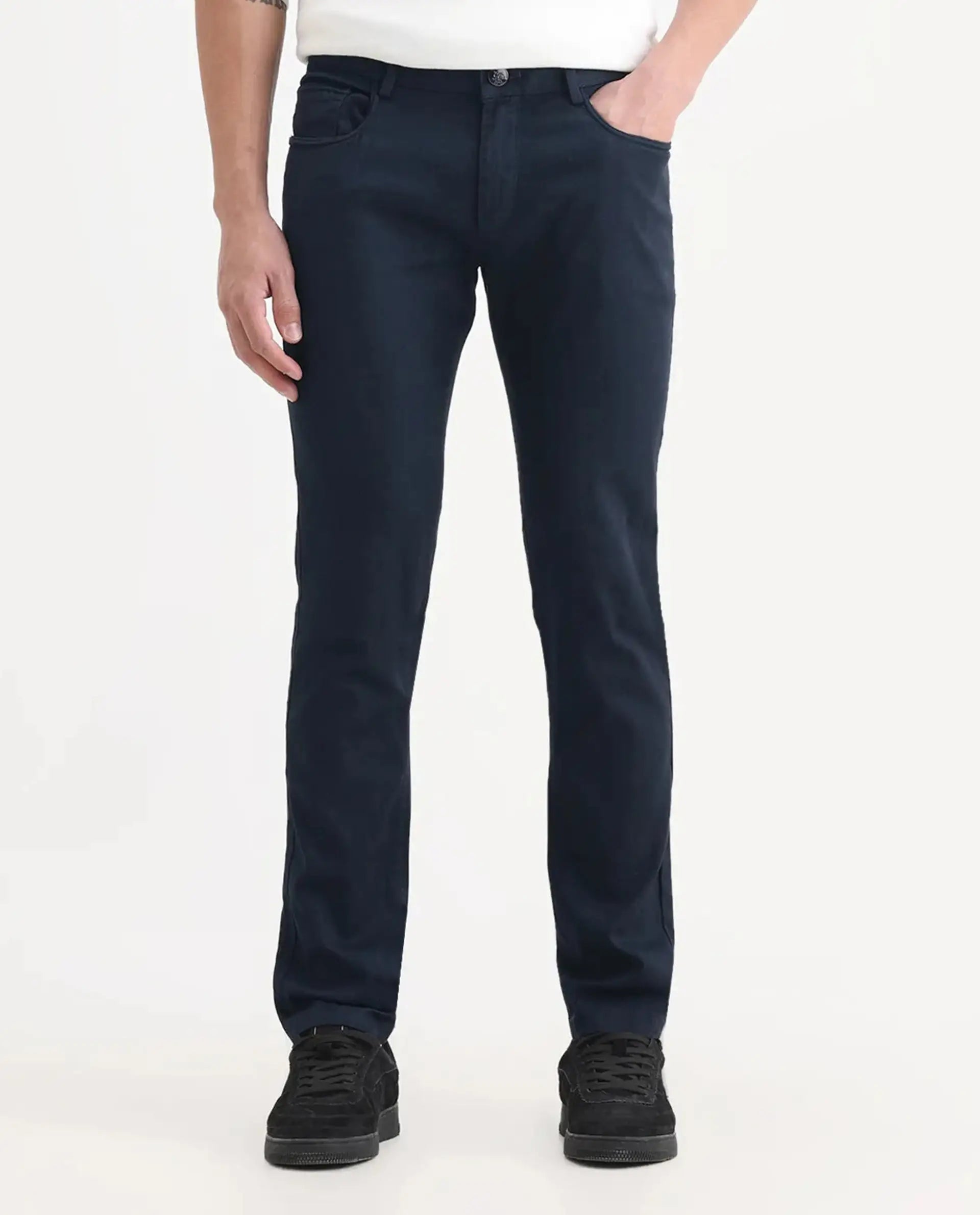 Rare Rabbit Men's Expore Navy Linen Blend Plain Regular Fit Trouser