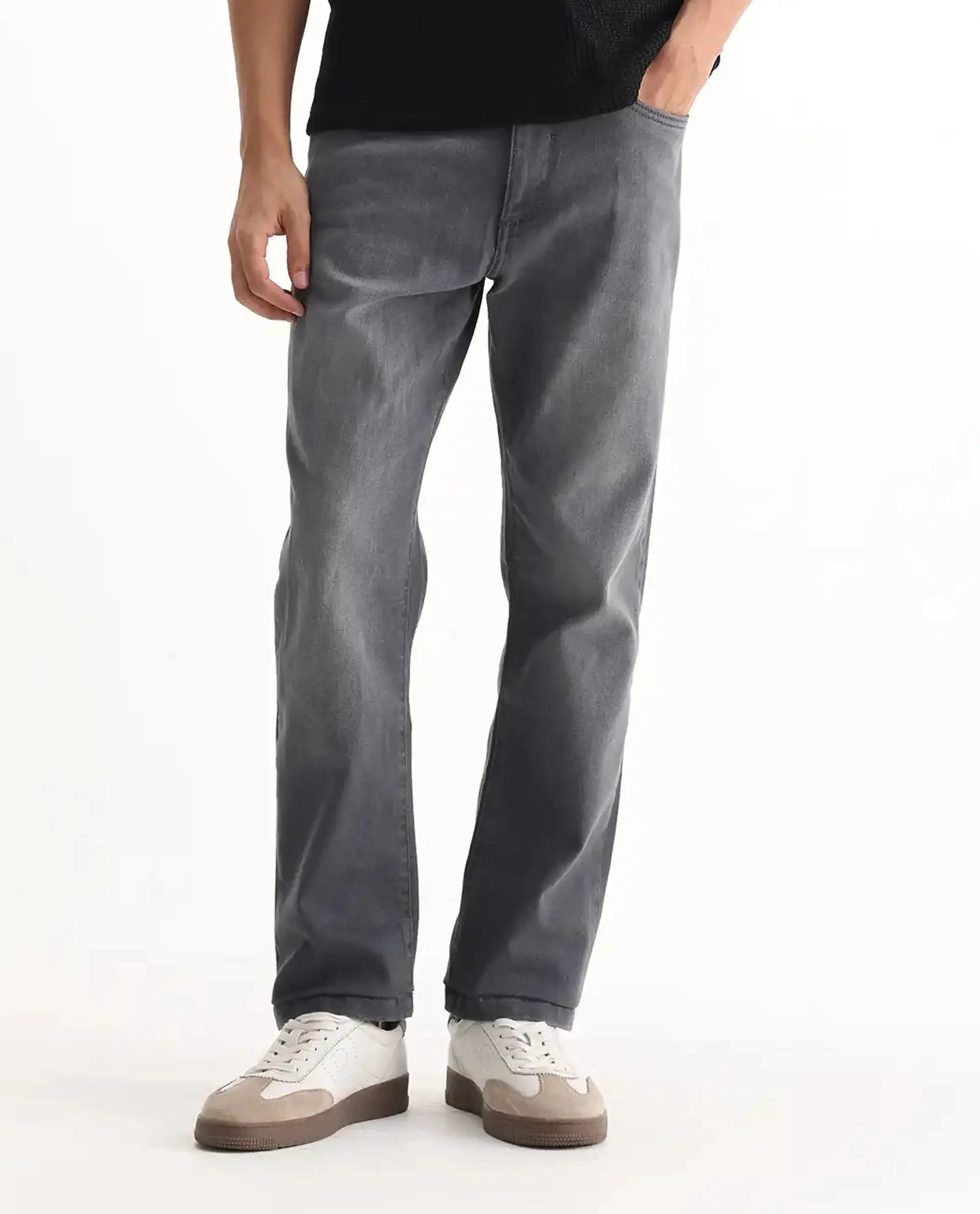 Rare Rabbit Men's Fyod Grey Cotton Plain Morris Regular Fit Jeans