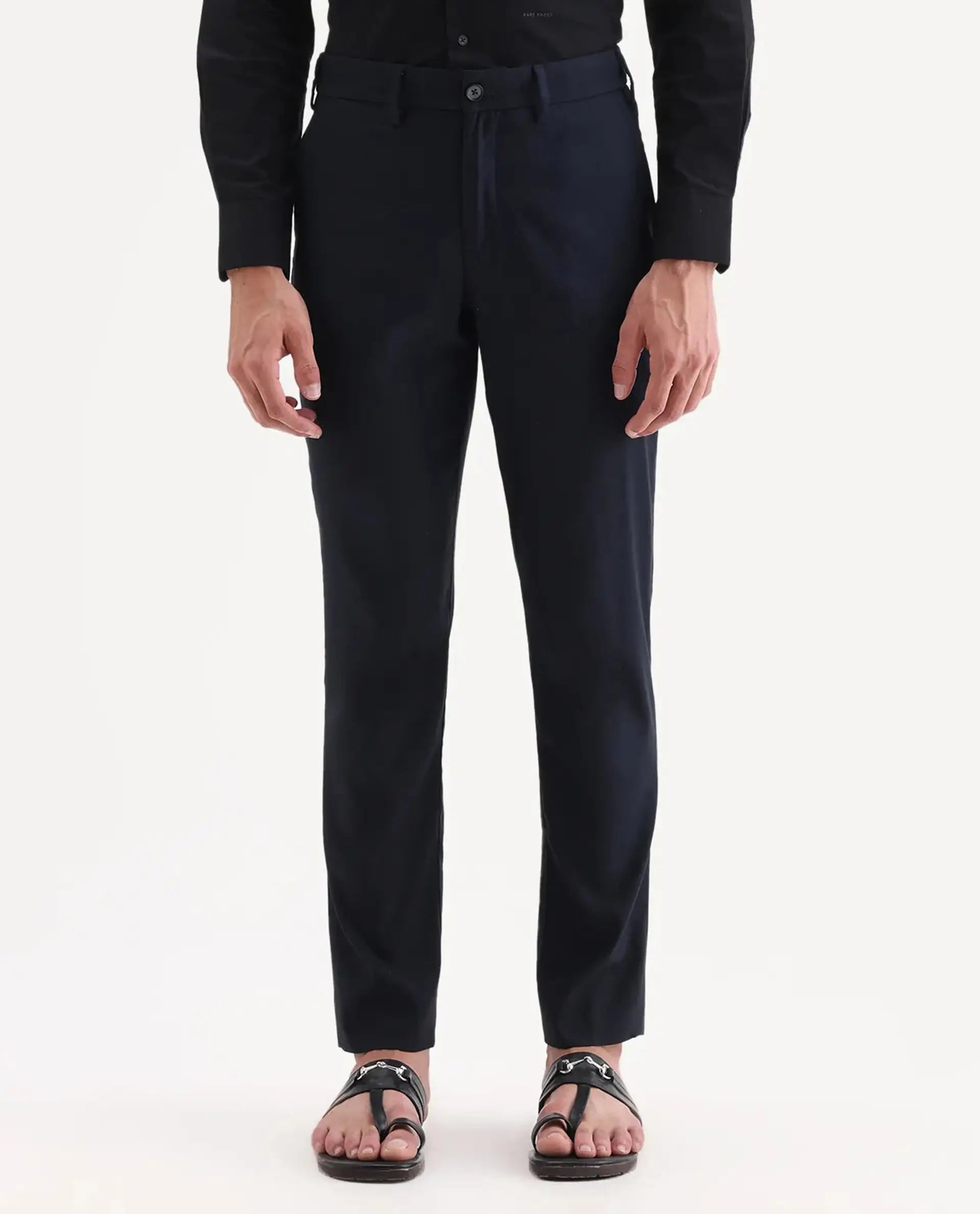 Rare Rabbit Men's Glade 1 Navy Polyester Plain Regular Fit Trouser