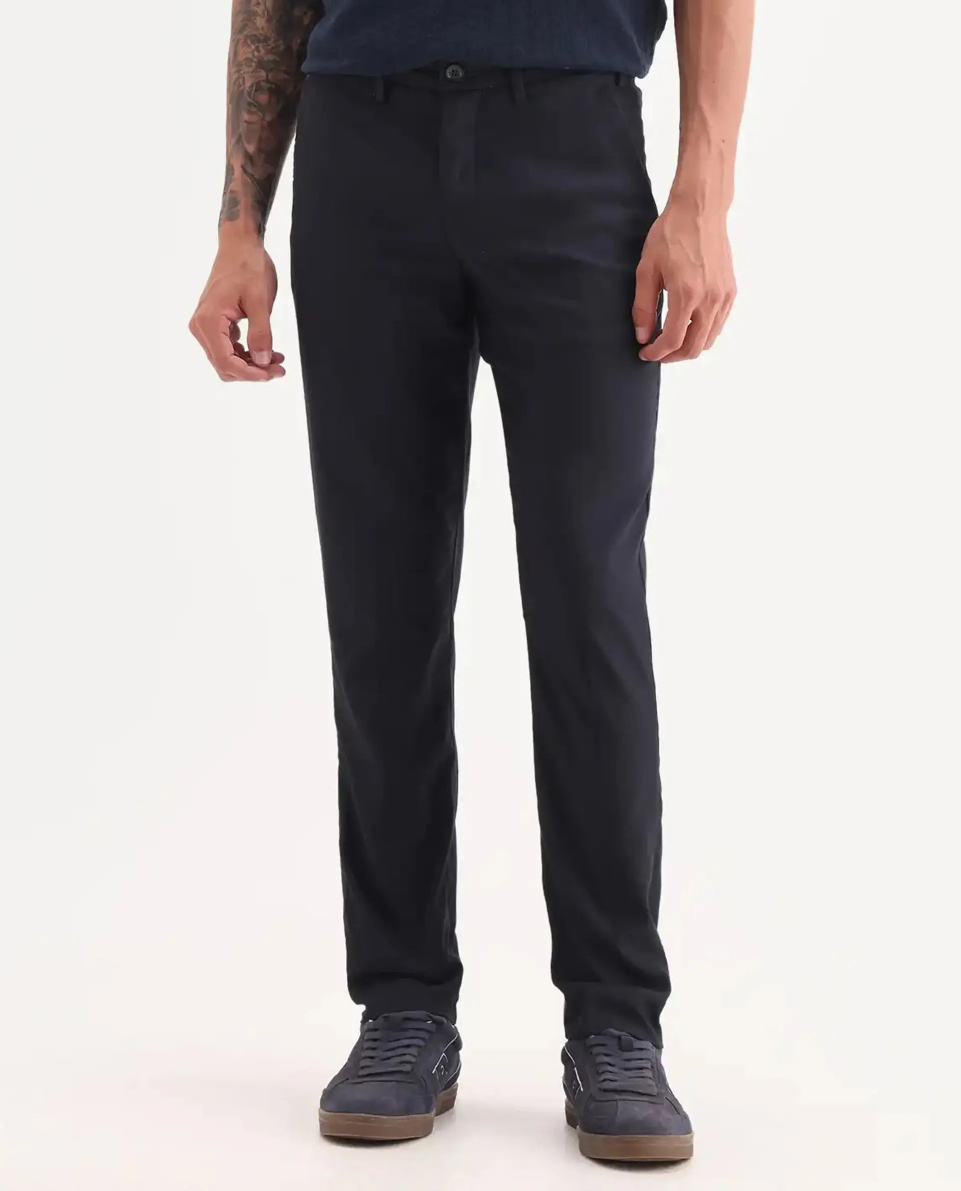 Rare Rabbit Men's Glade Dark Navy Viscose Plain Slim Fit Trouser