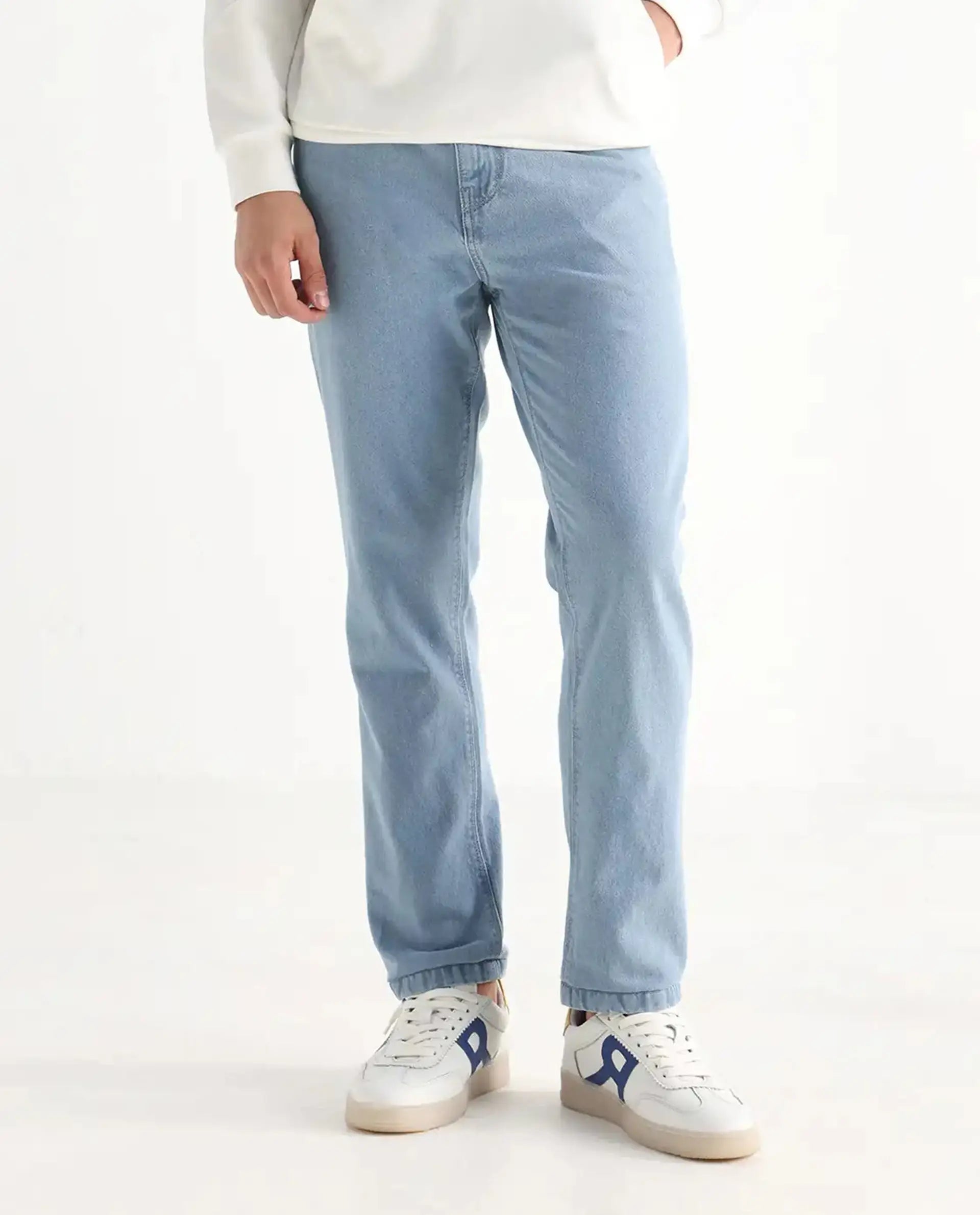 Rare Rabbit Men's Gleb Light Blue Cotton Plain Kurt Carrot Fit Jeans
