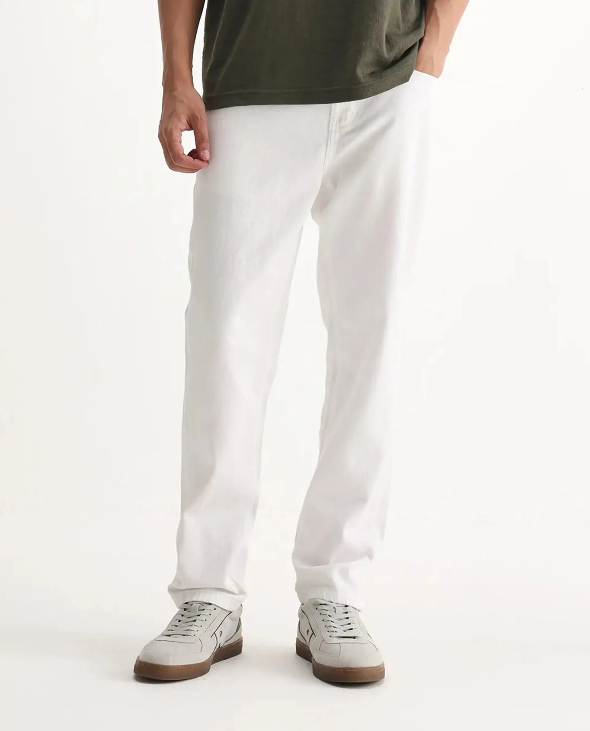 Rare Rabbit Men's Gleb White Cotton Plain Kurt Carrot Fit Jeans