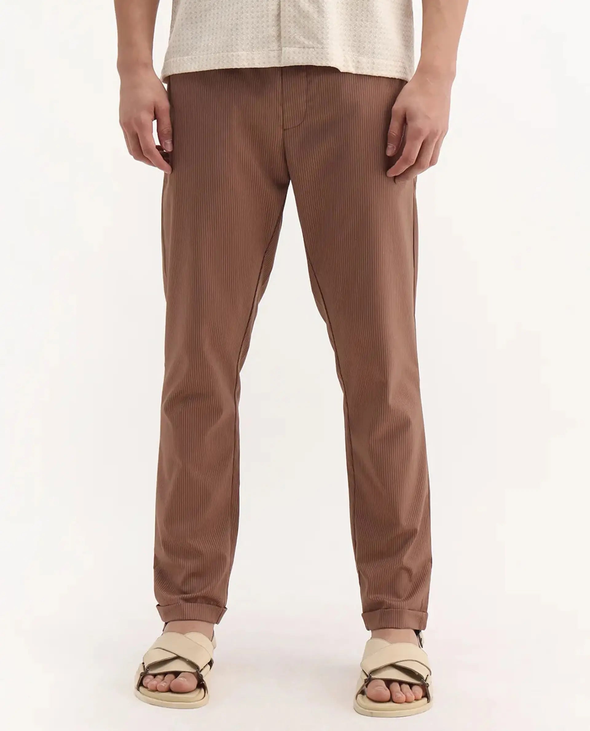 Rare Rabbit Men's Glew Rust Cotton Striped Print Regular Fit Trouser