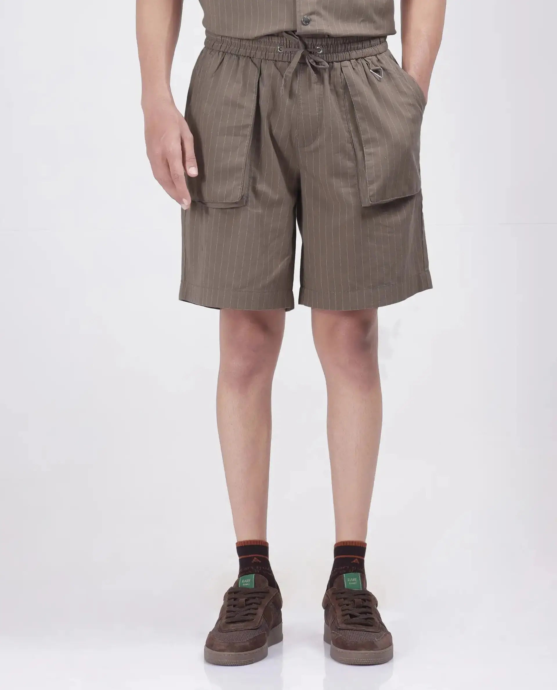 Rare Rabbit Men's Habar Beige Cotton Striped Print Oversized Fit Shorts