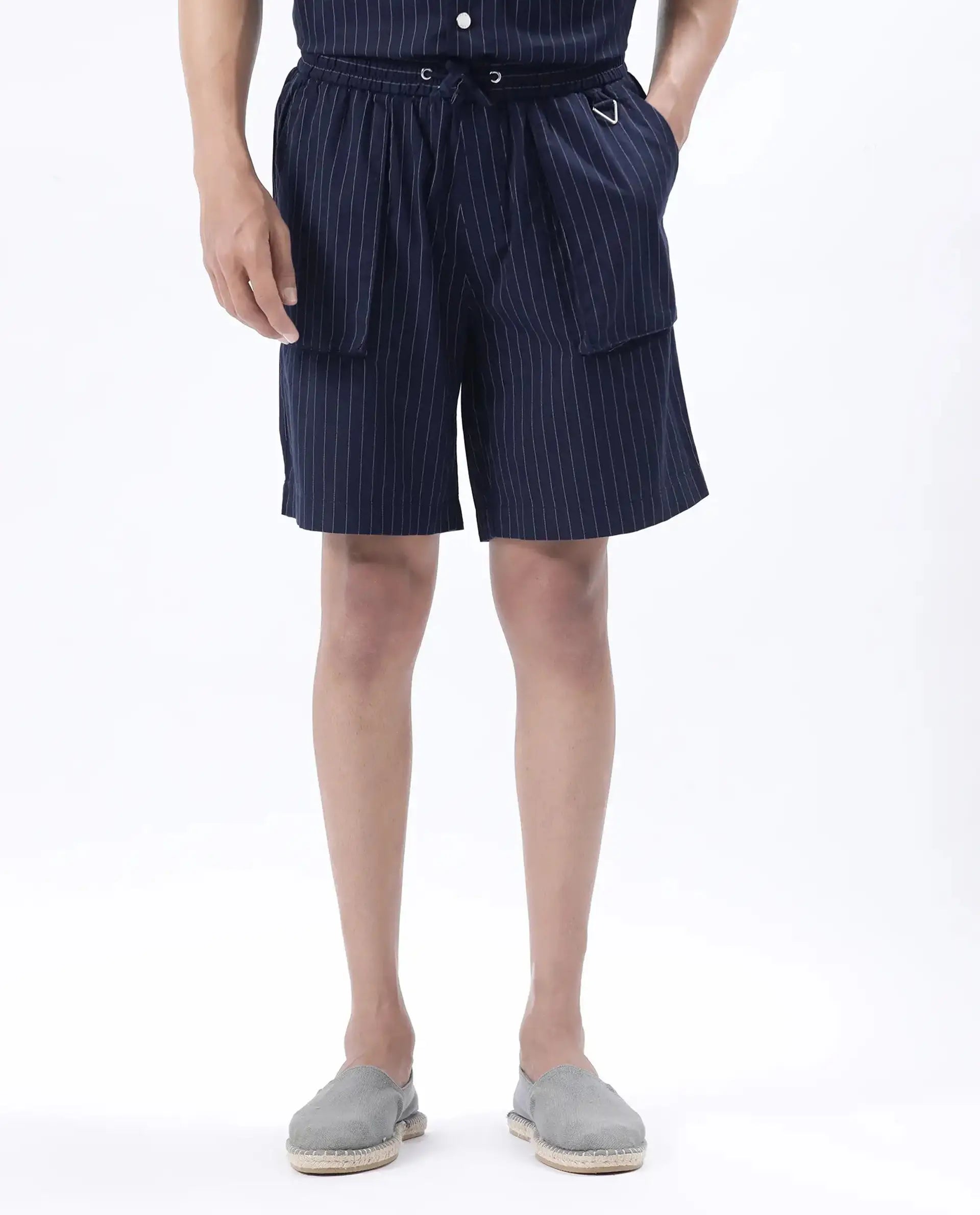 Rare Rabbit Men's Habar Navy Cotton Striped Print Oversized Fit Shorts