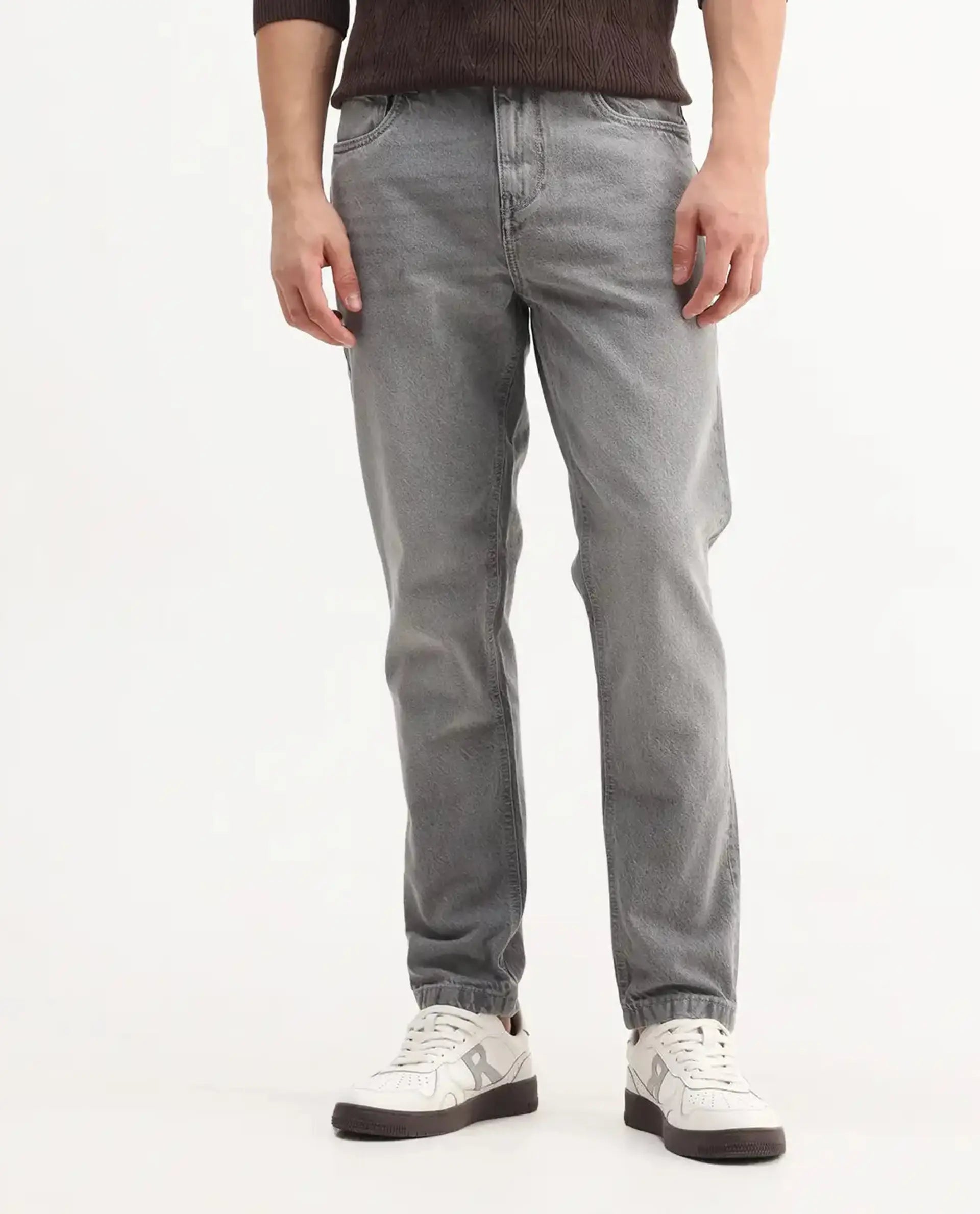 Rare Rabbit Mens Hades Grey Solid Mid Rise Mid Wash Regular Fit Jeans