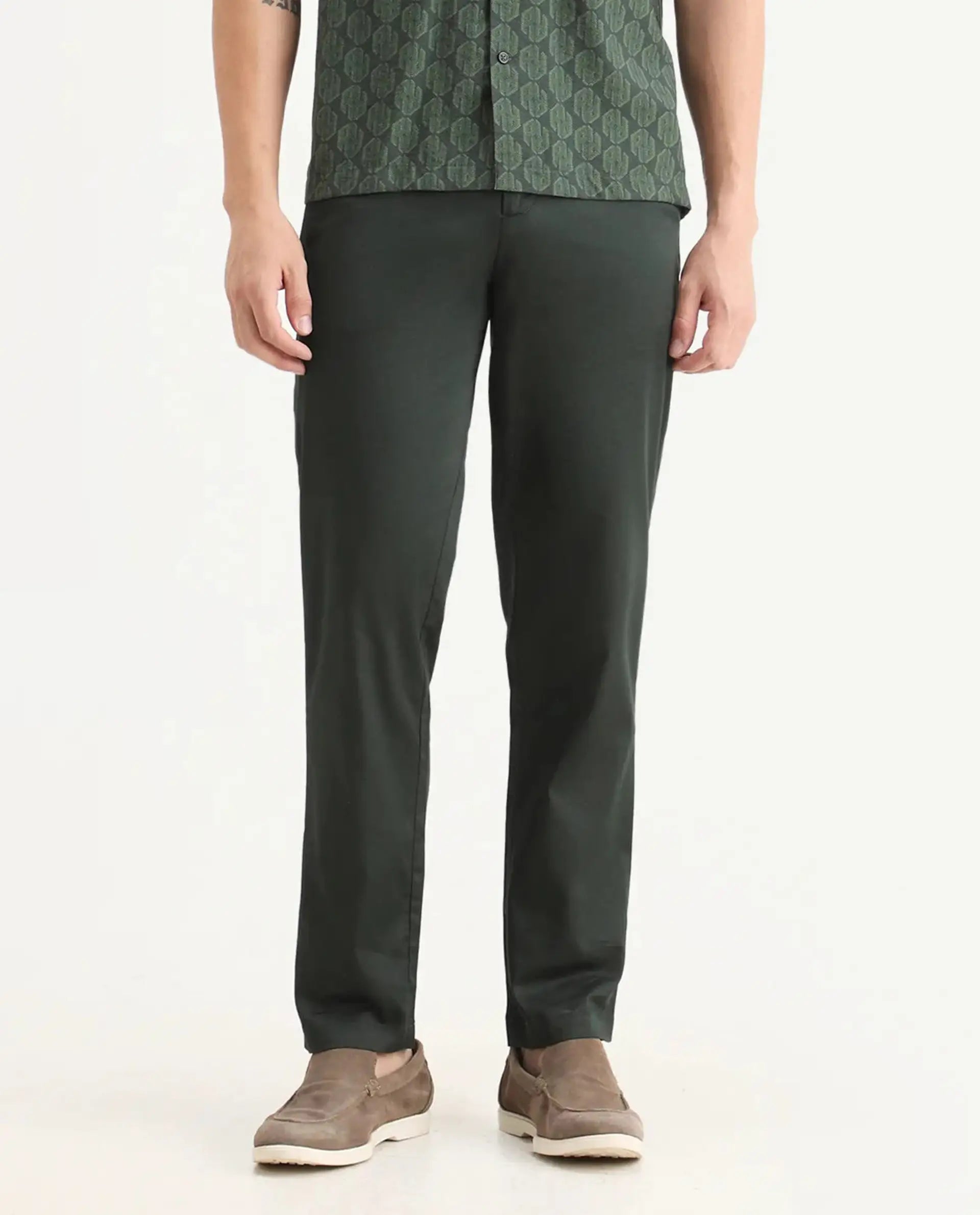 Rare Rabbit Men Hols Dark Olive Cotton Blend Fabric Button Closure Plain Trouser