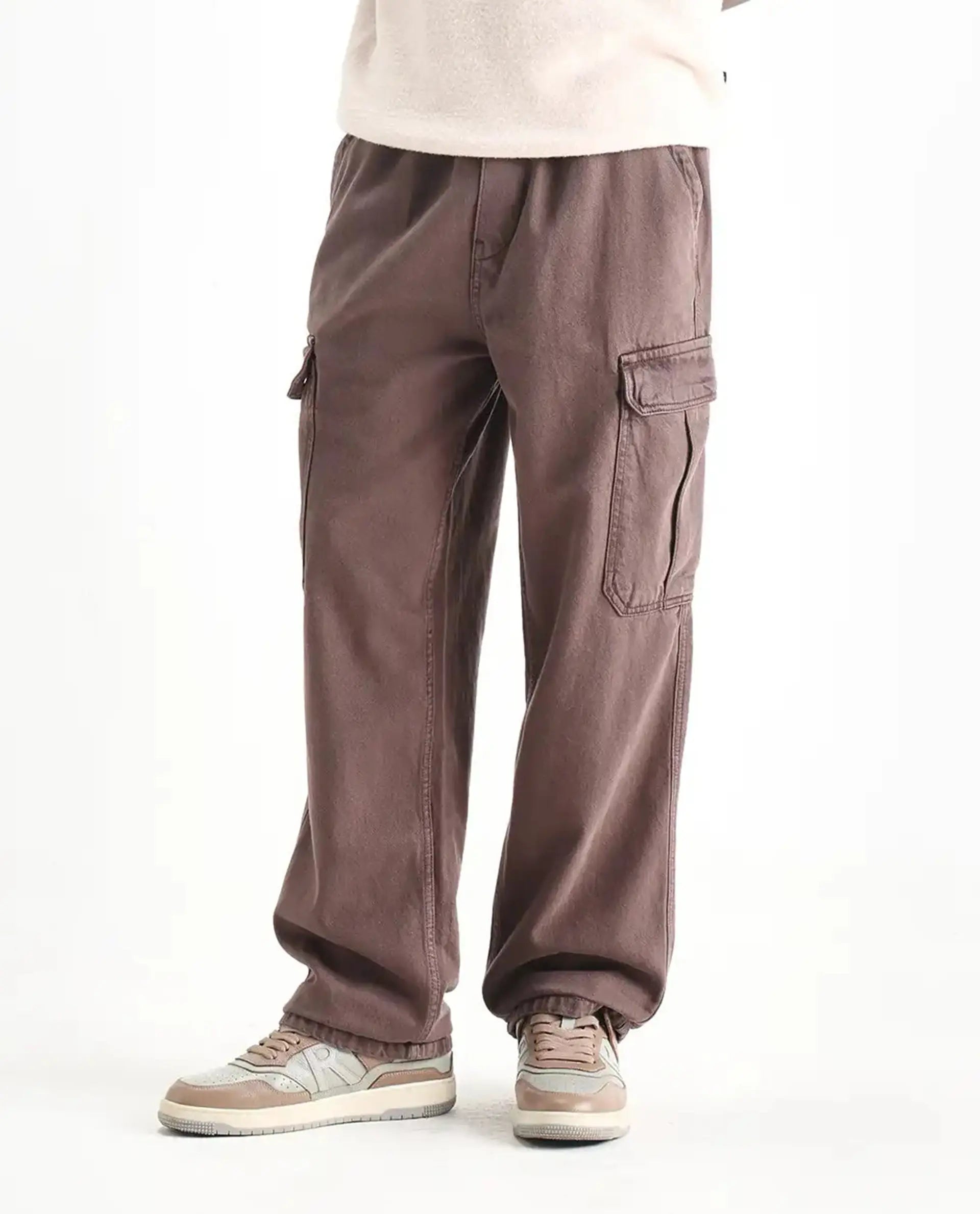 Rare Rabbit Men's Hork Brown Cotton Plain Baggy Fit Jeans
