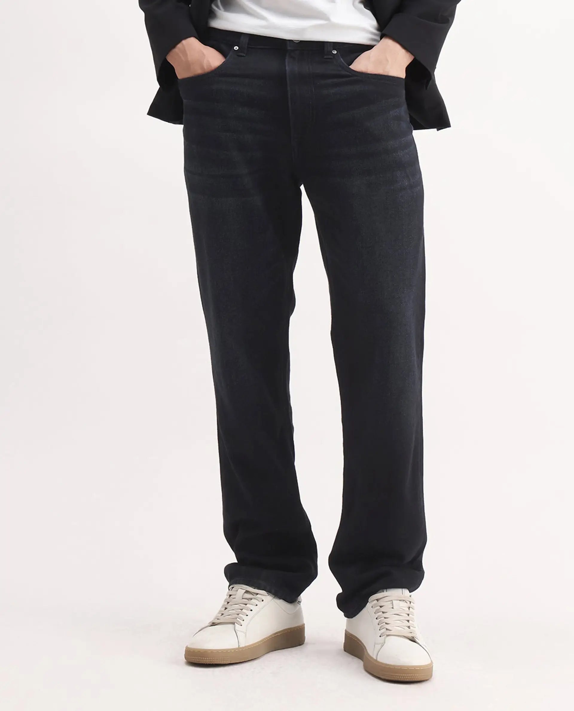 Rare Rabbit Men's Indy Dark Navy Cotton Blend Plain Morris Regular Fit Jeans