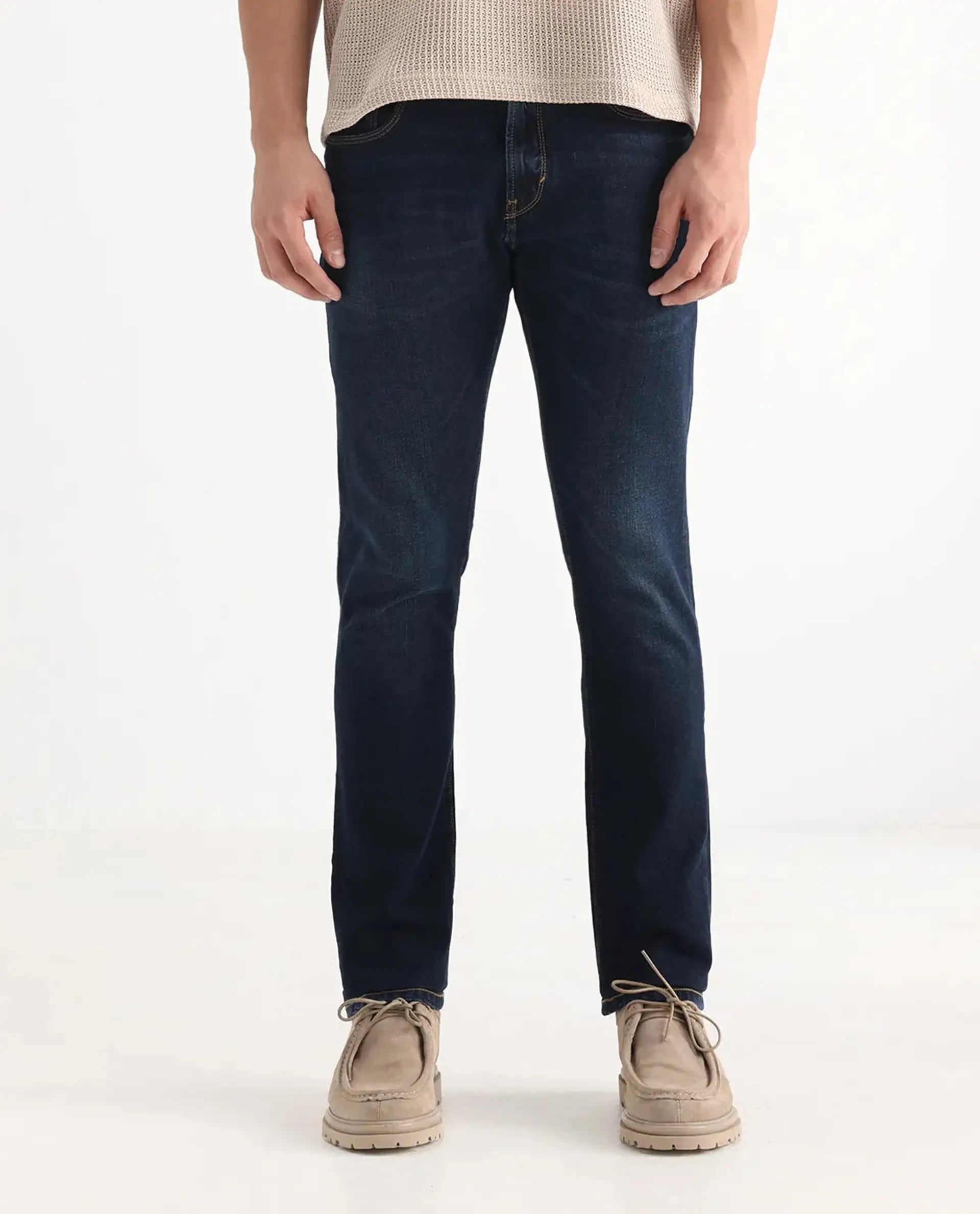 Rare Rabbit Men's Issak Dark Blue Cotton Plain Hawk Slim Fit Jeans