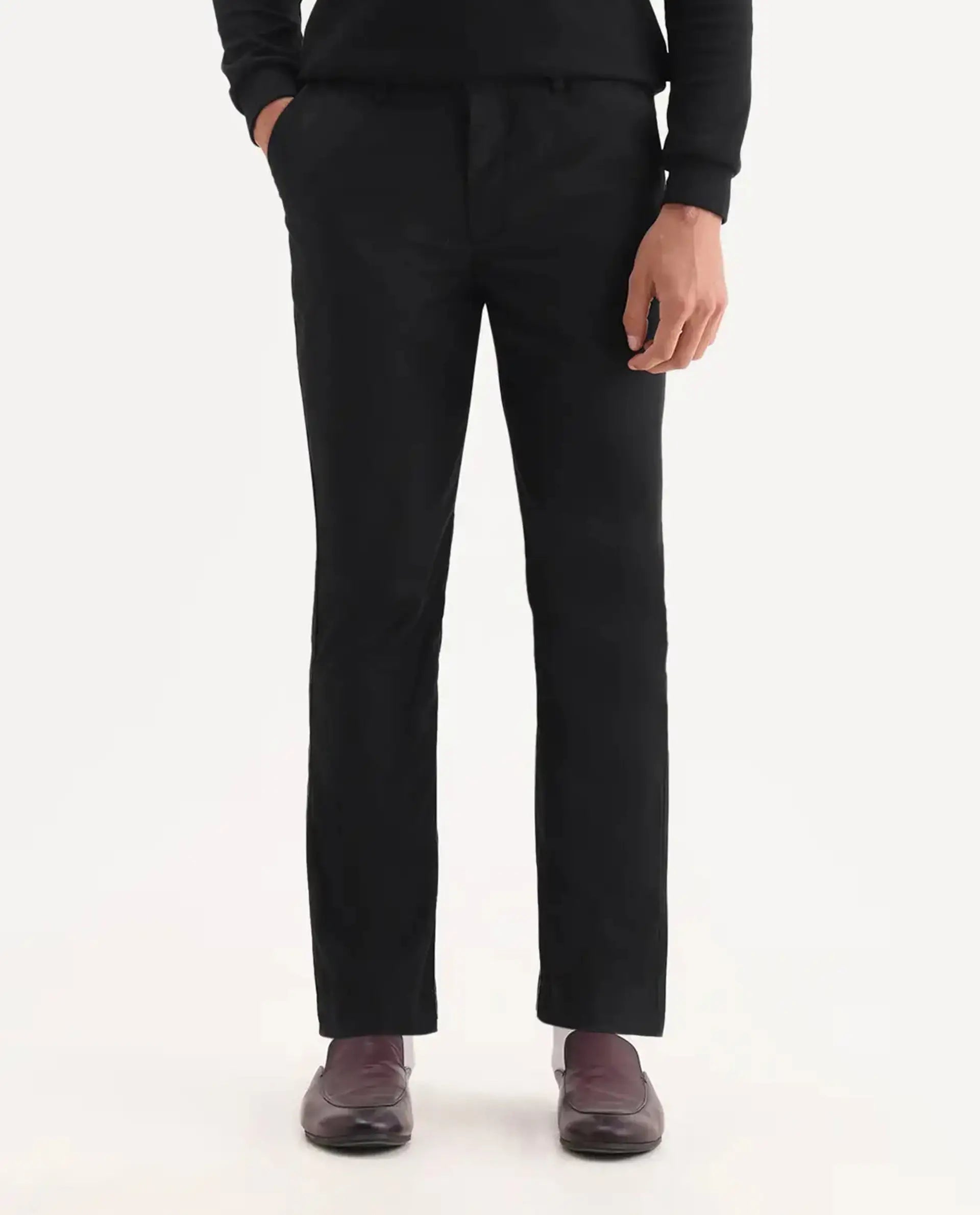 Rare Rabbit Men's Ital Black Viscose Blend Plain Regular Fit Trouser