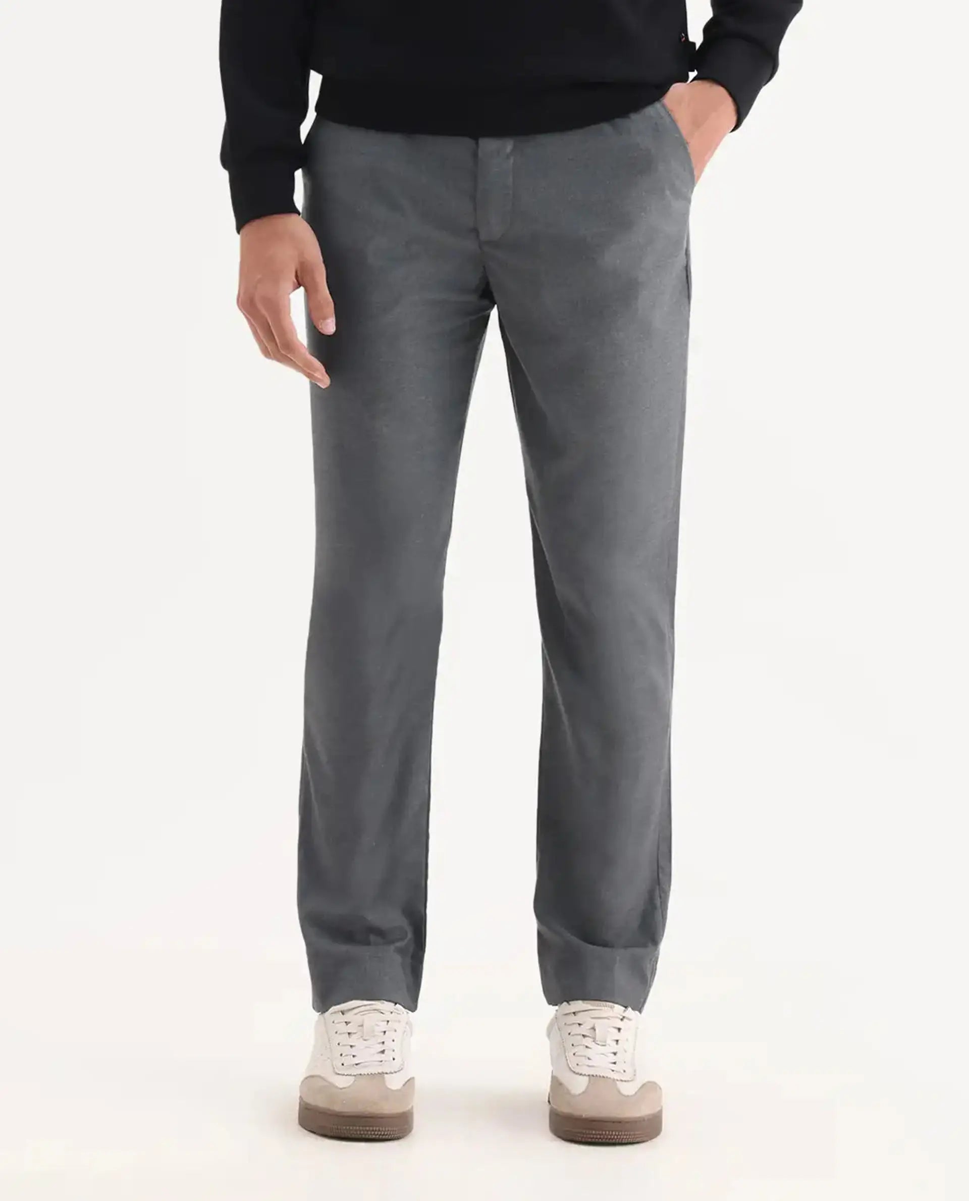 Rare Rabbit Men's Ital Grey Viscose Blend Plain Regular Fit Trouser