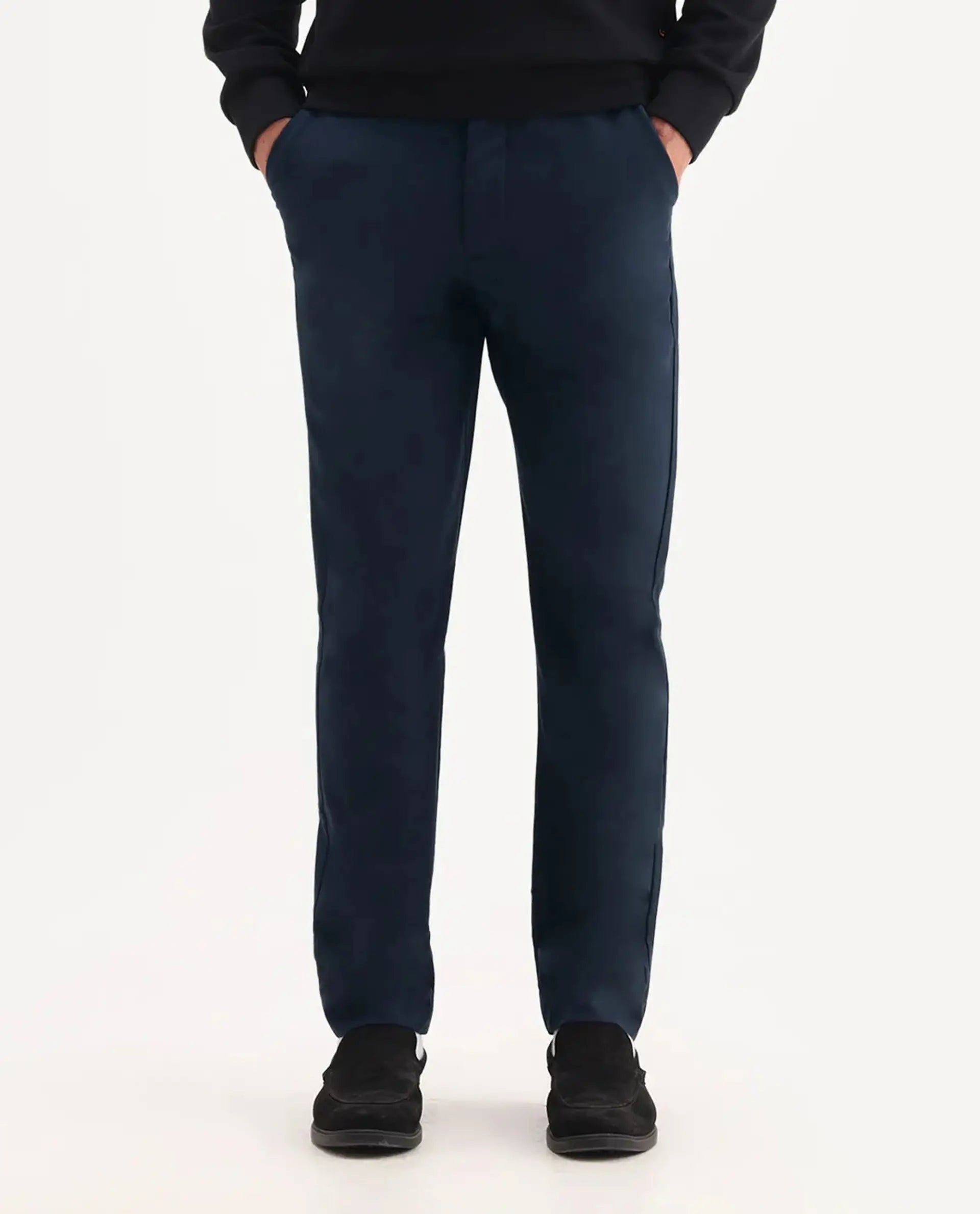 Rare Rabbit Men's Ital Navy Viscose Blend Plain Regular Fit Trouser