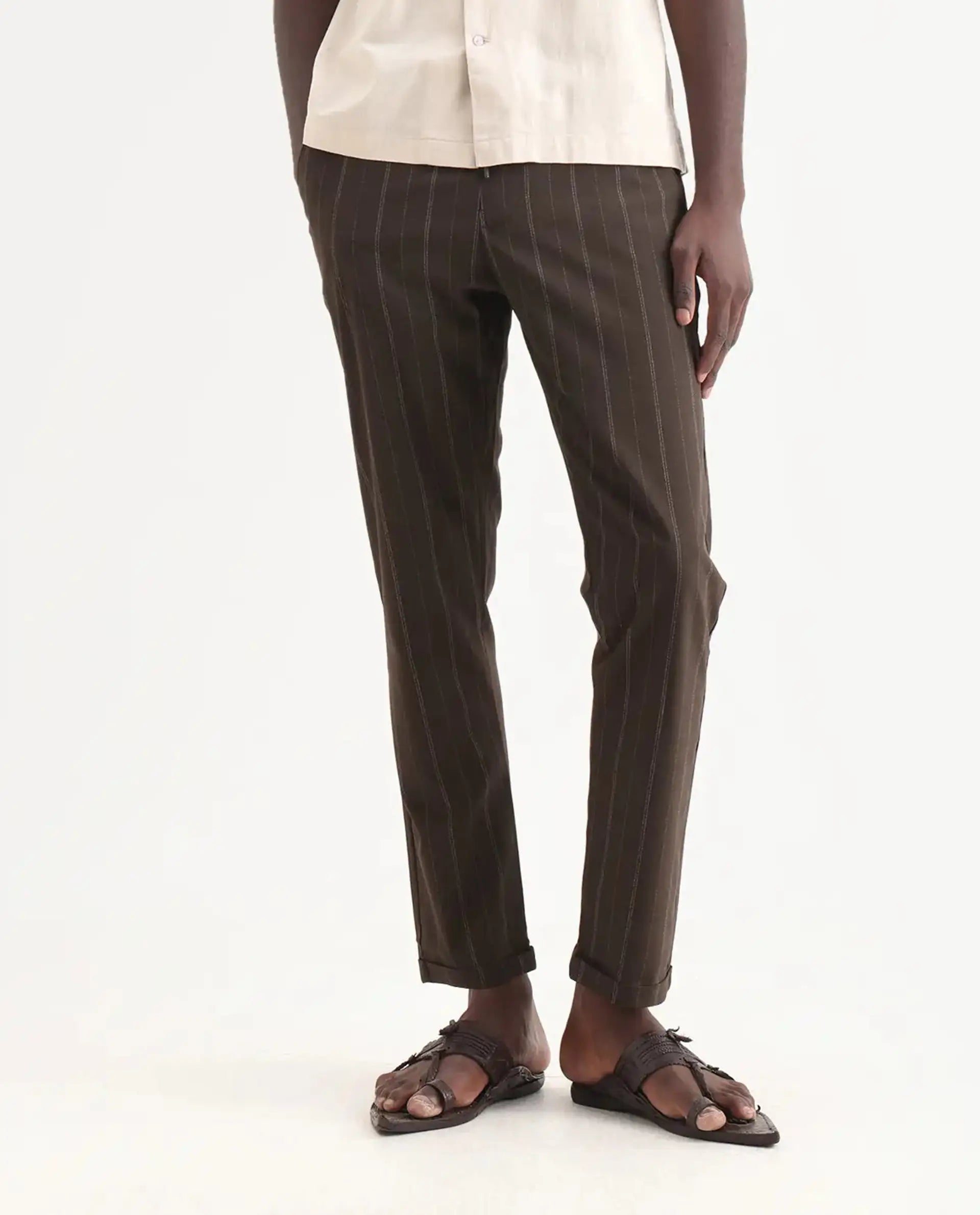 Rare Rabbit Men's Jaret Brown Cotton Striped Print Relaxed Fit Trouser