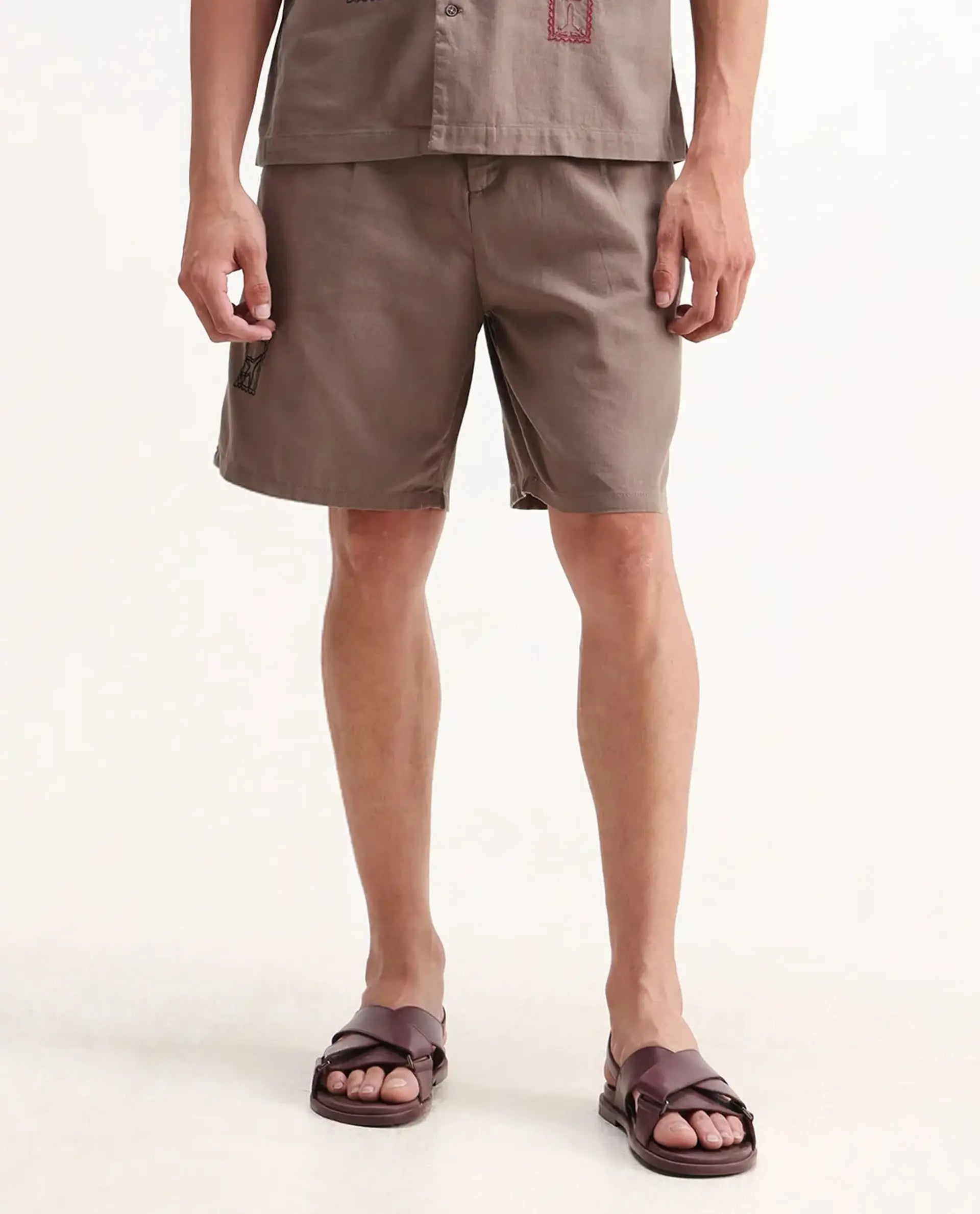 Rare Rabbit Men's Jarny-B Light Brown Linen Blend Embroidered Relaxed Fit Shorts