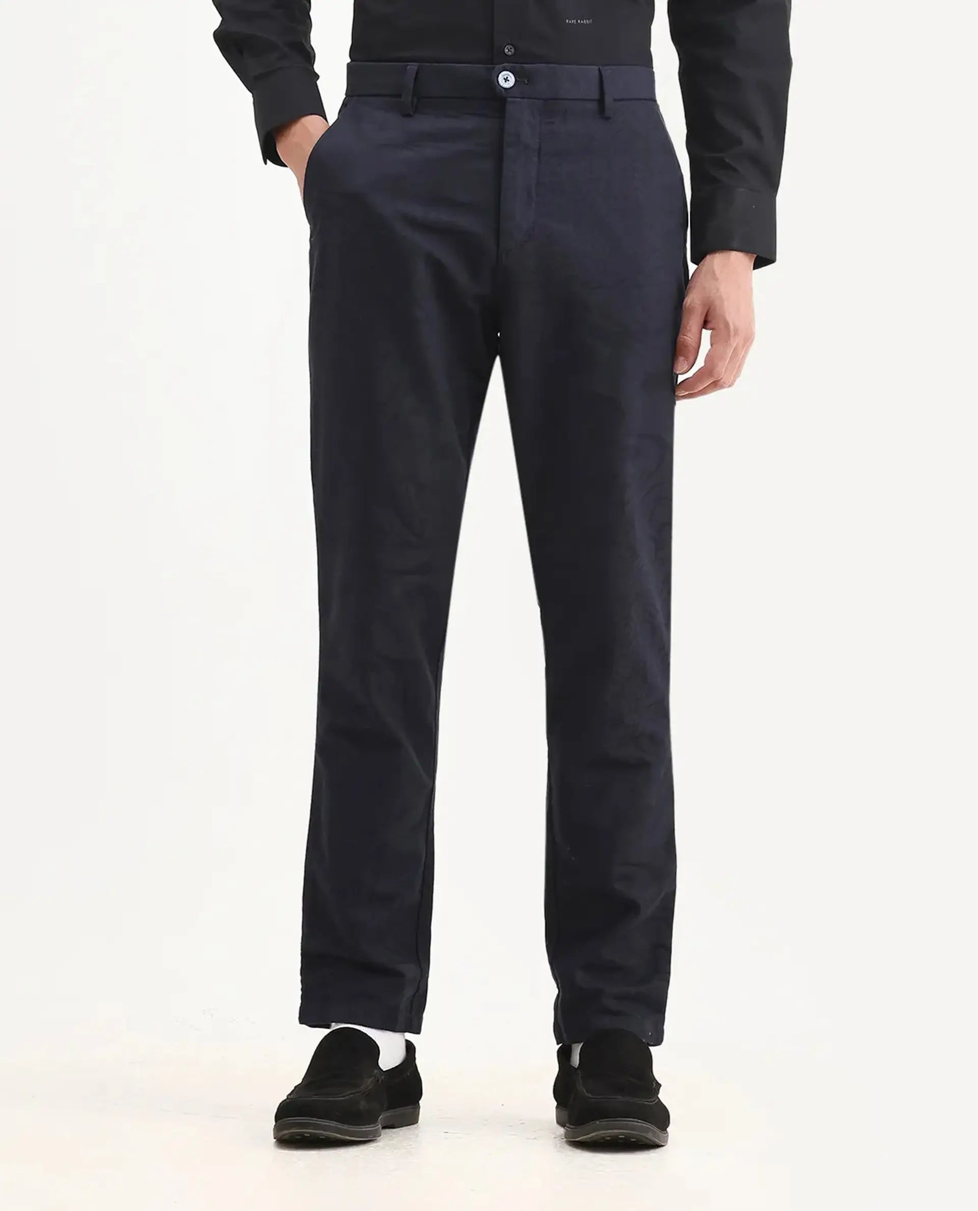 Rare Rabbit Men's Jeck-24 Navy Cotton Jacquard Regular Fit Trouser