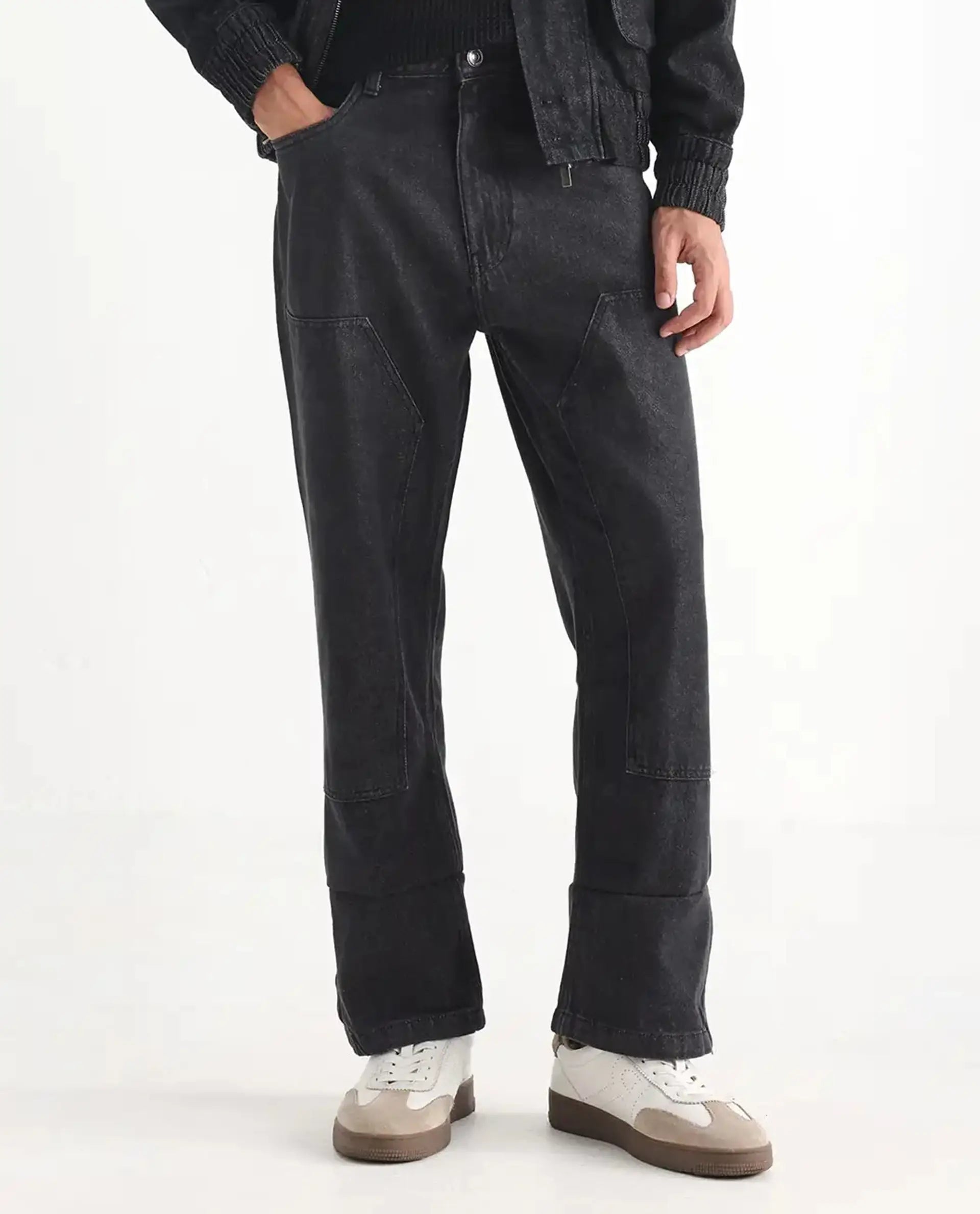 Rare Rabbit Men's Jettor Dark Grey Cotton Plain Relaxed Fit Jeans