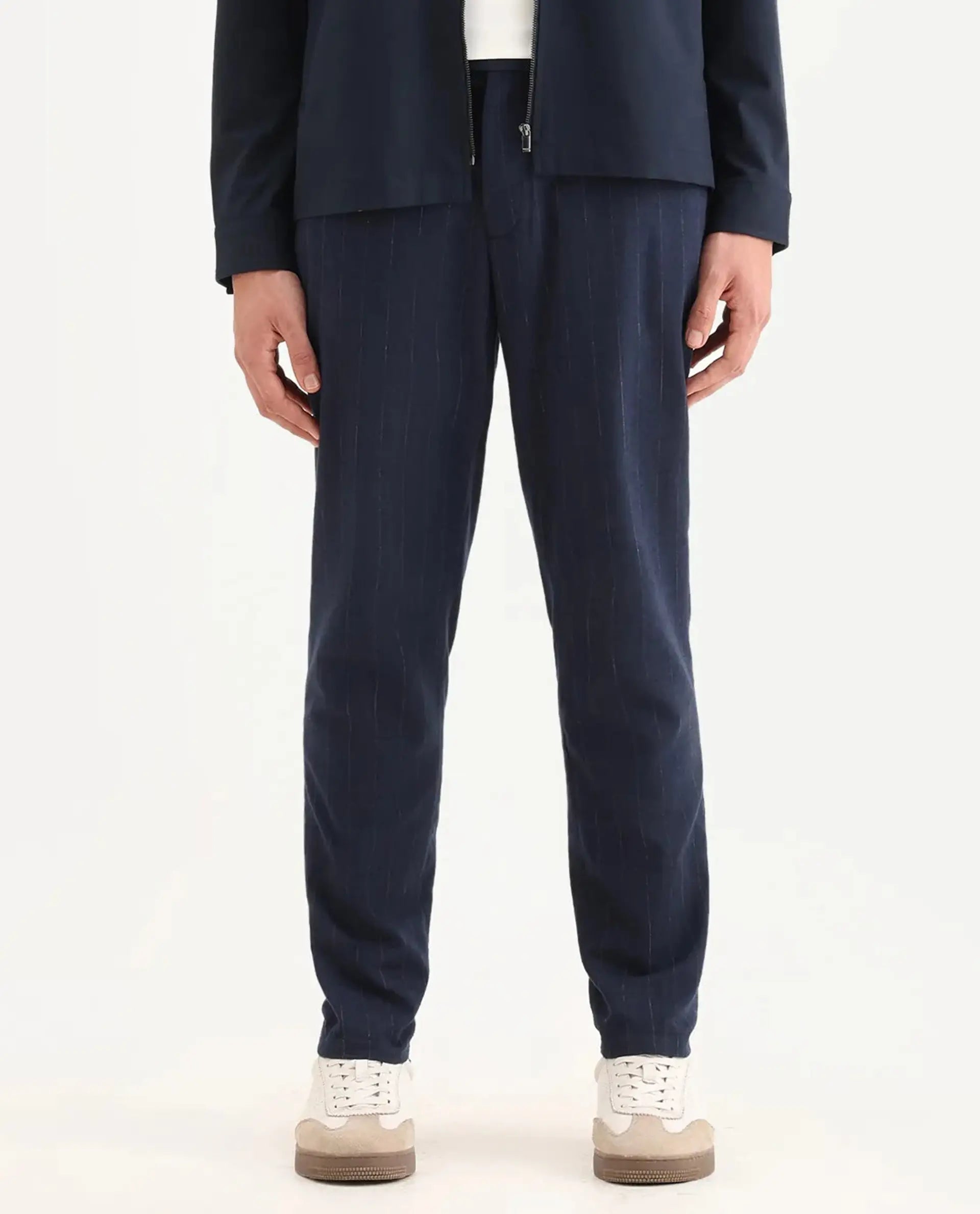 Rare Rabbit Men's Jlo Blue Linen Blend Striped Print Relaxed Fit Trouser