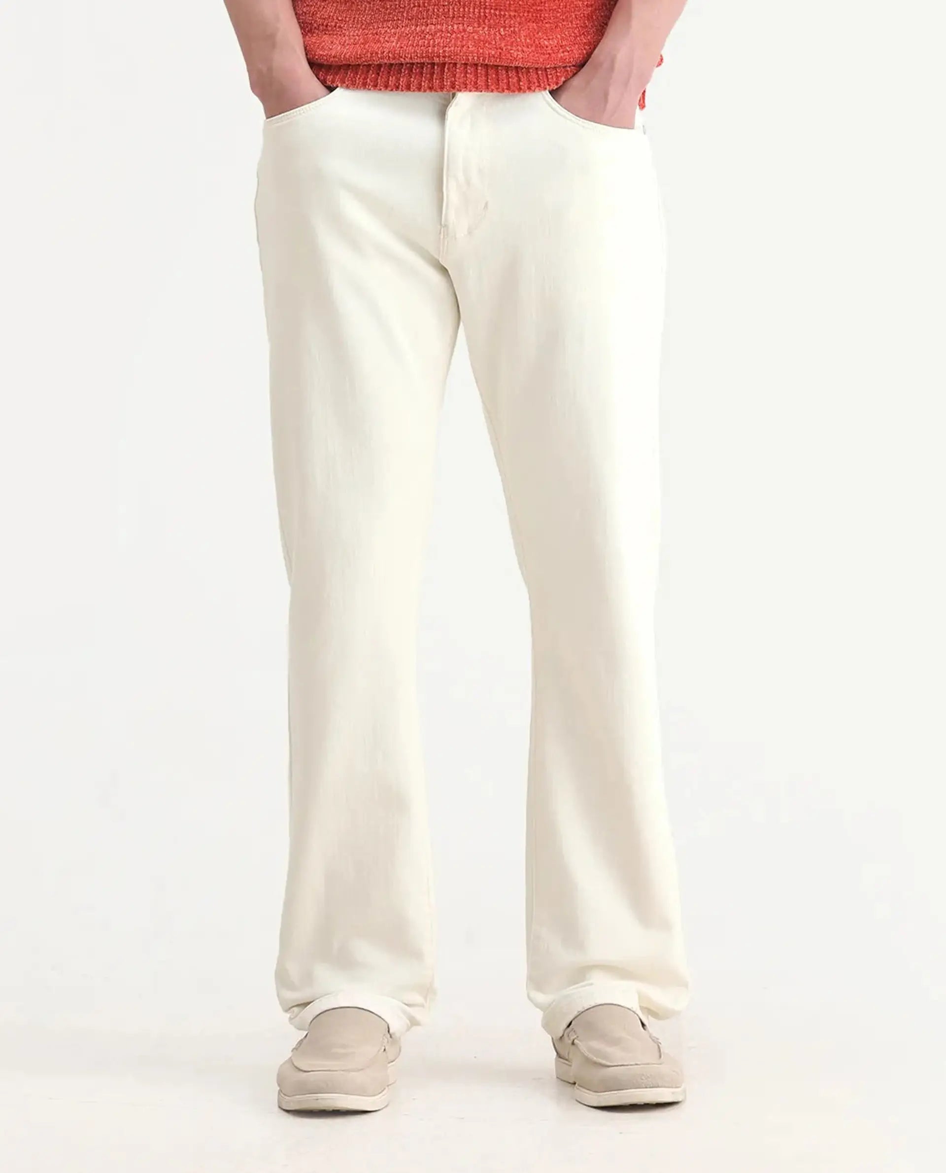 Rare Rabbit Men's Joel-G1 Off White Cotton Blend Fabric Morris Regular Plain Jeans