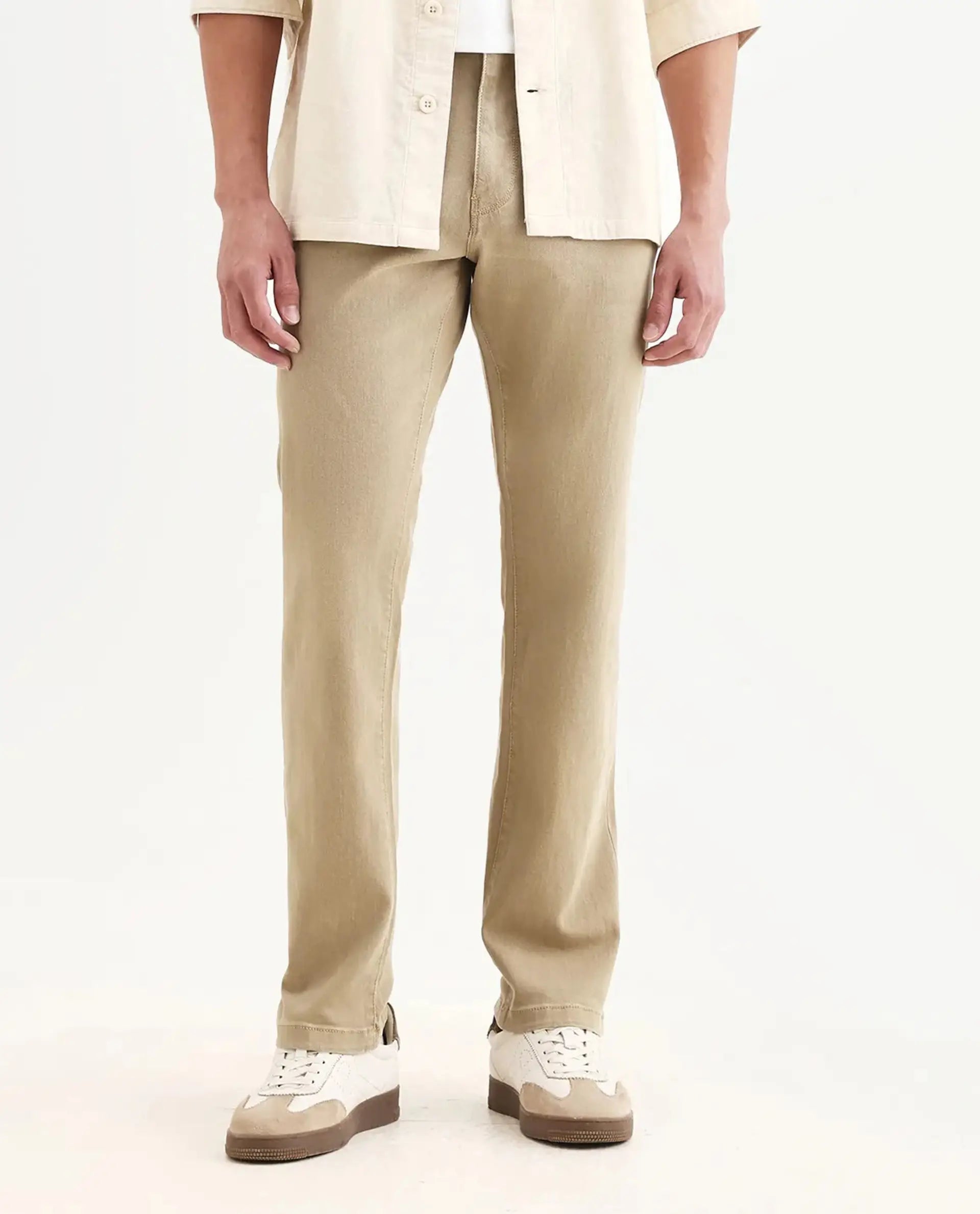 Rare Rabbit Men's Joel-G2 Khaki Cotton Blend Fabric Morris Regular Plain Jeans