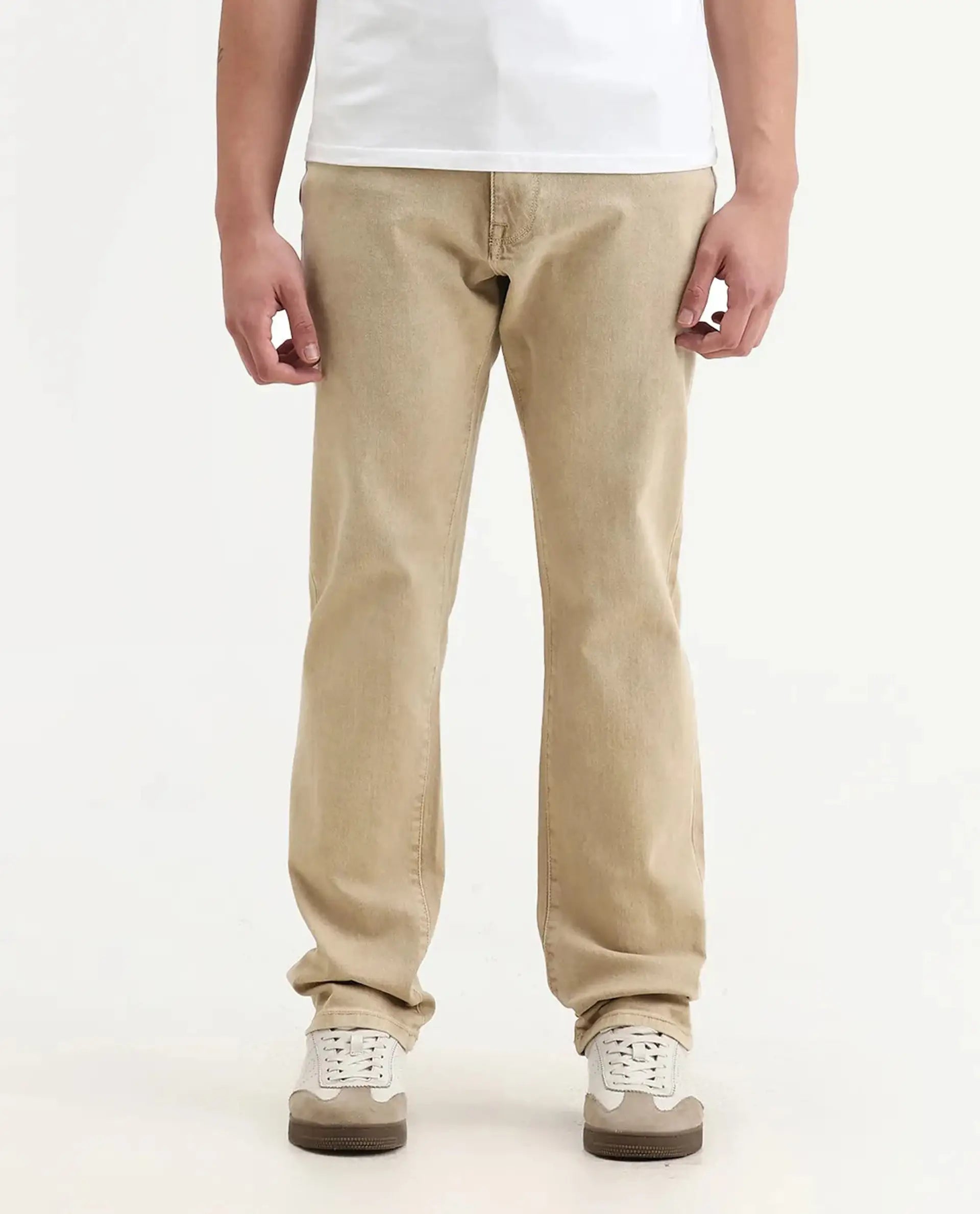 Rare Rabbit Men's Joel-G3 Beige Cotton Blend Fabric Morris Regular Plain Jeans