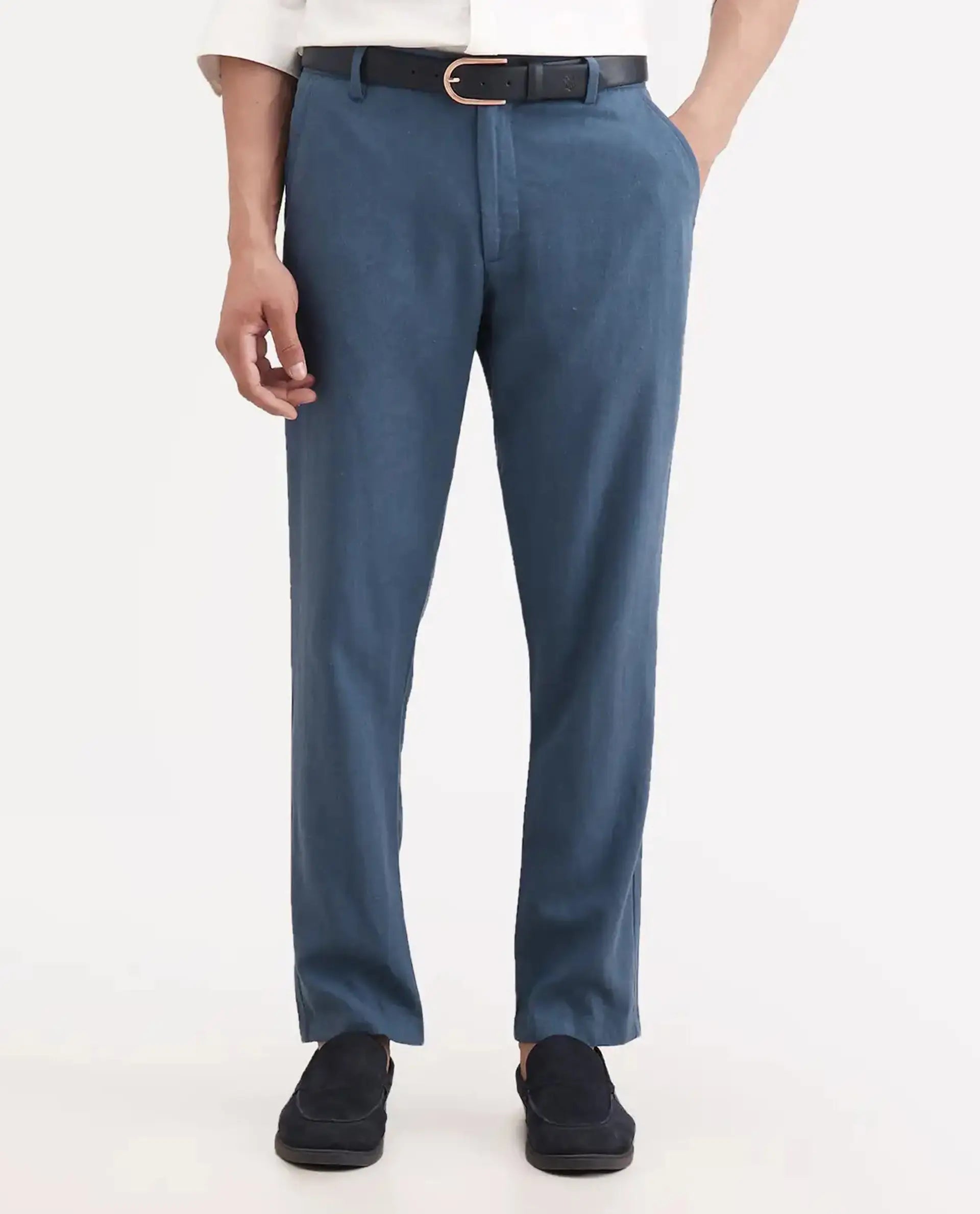 Rare Rabbit Men's Jomo-Ss26 Blue Linen Blend Fabric Regular Fit Plain Trouser