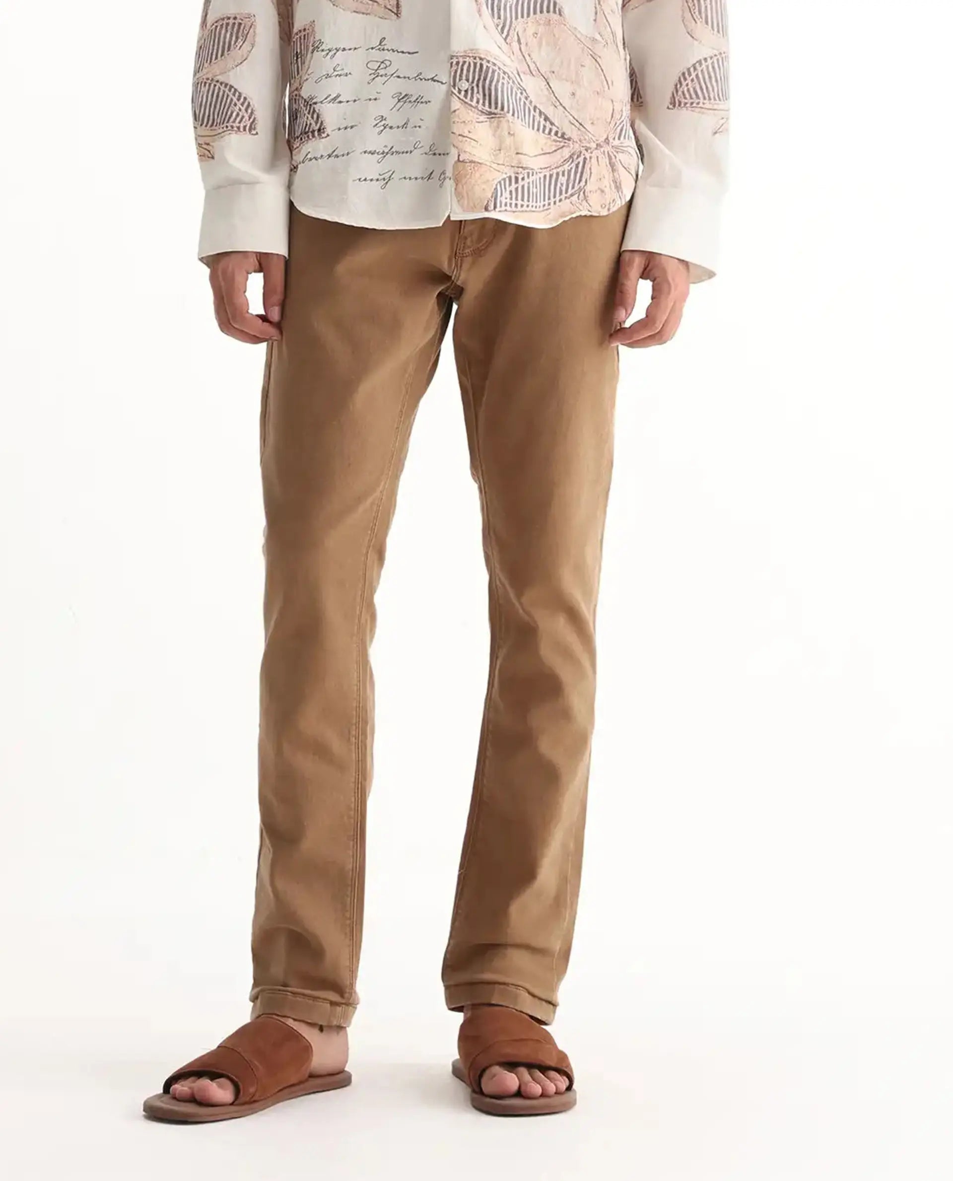 Rare Rabbit Men's Jordon Brown Cotton Plain Hawk Slim Fit Jeans