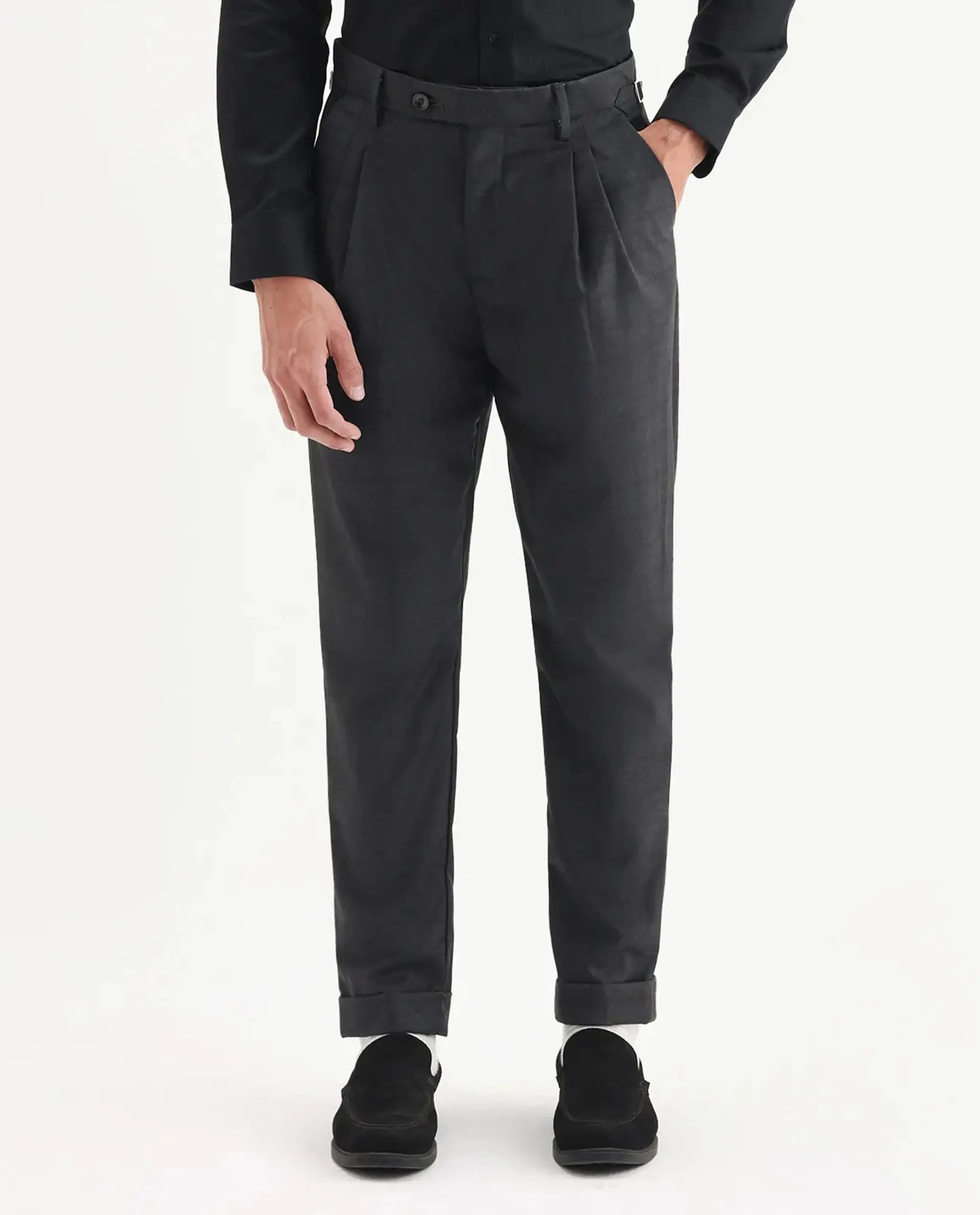 Rare Rabbit Men's Jorin Dark Grey Viscose Blend Plain Relaxed Fit Trouser