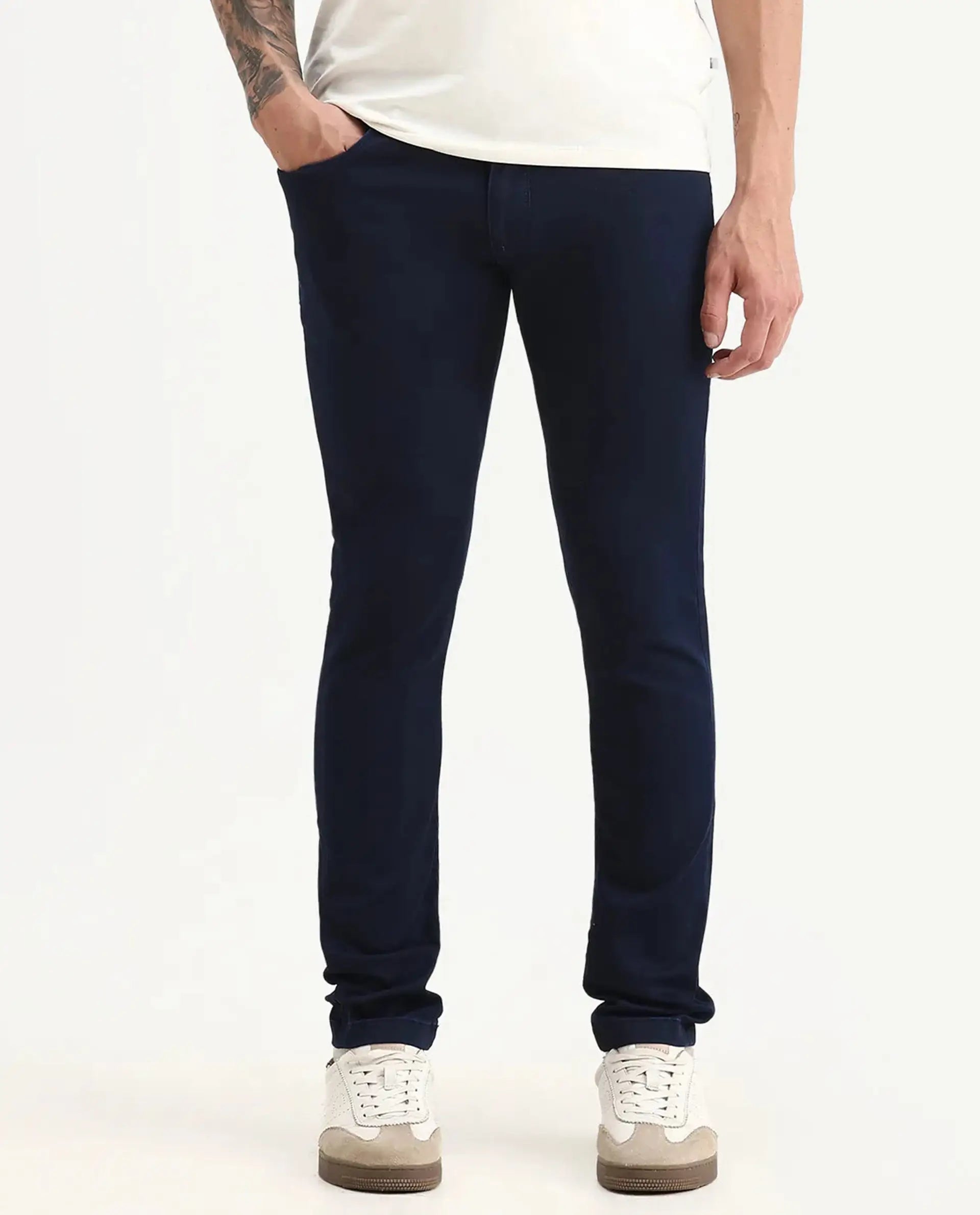 Rare Rabbit Men's Jules Blue Cotton Blend Plain Hawk Slim Fit Jeans