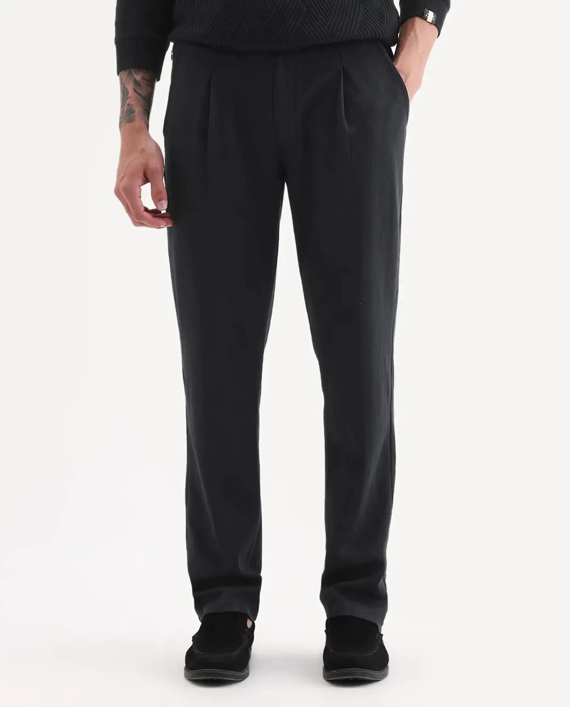Rare Rabbit Men's Kelo Black Cotton Blend Plain Regular Fit Trouser
