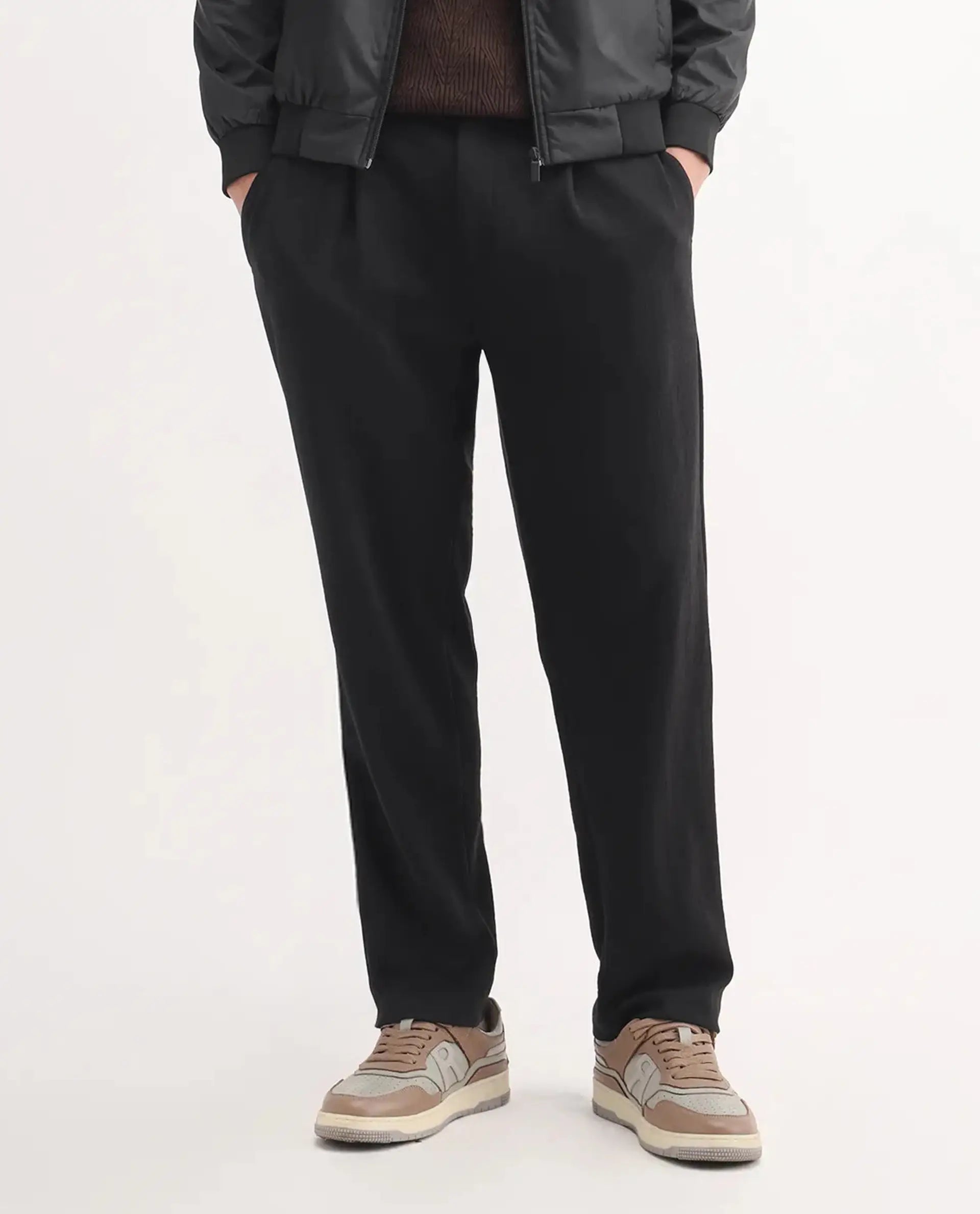 Rare Rabbit Men's Keloe Black Cotton Blend Plain Relaxed Fit Trouser