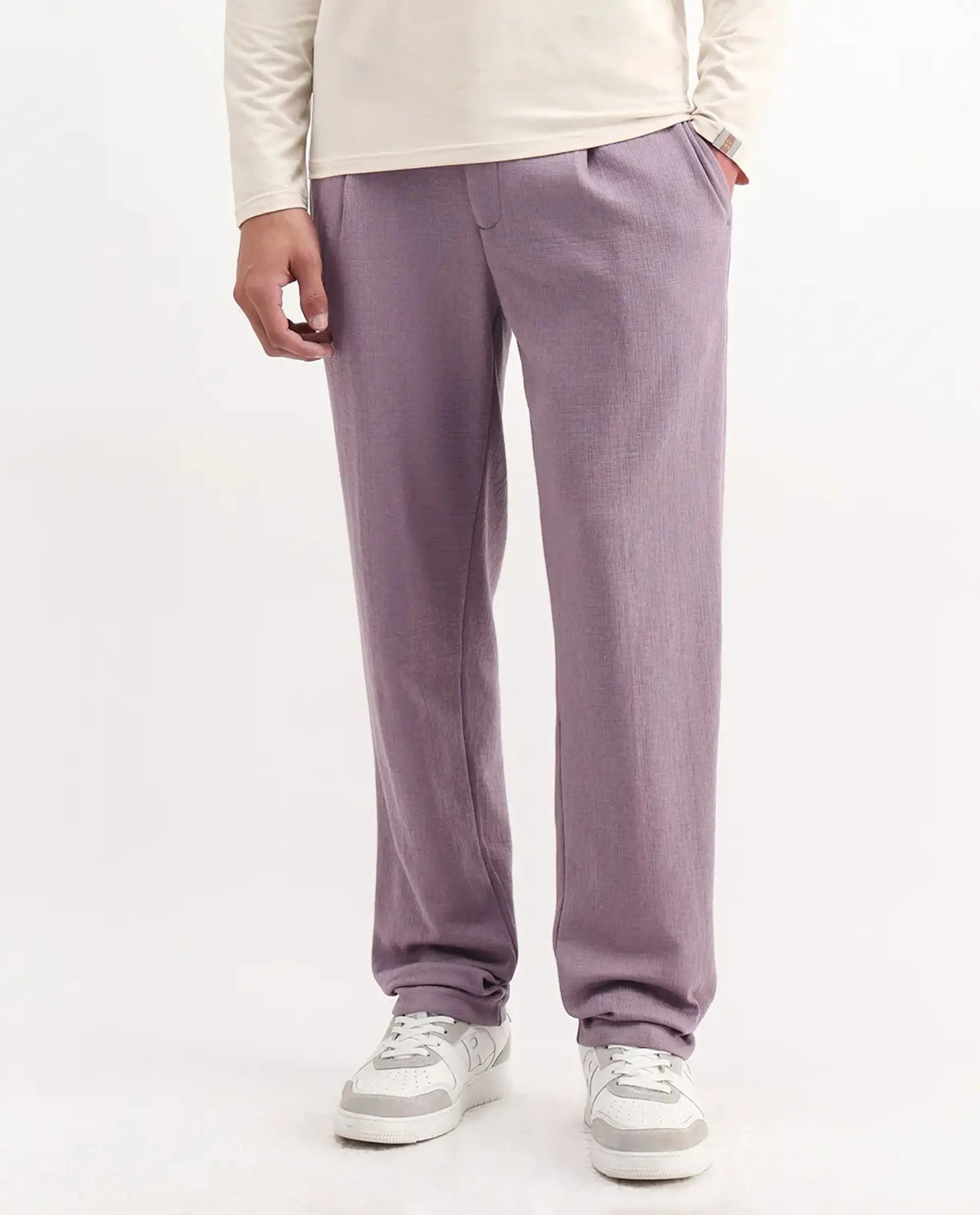 Rare Rabbit Men's Keloe Dusky Purple Cotton Blend Plain Relaxed Fit Trouser