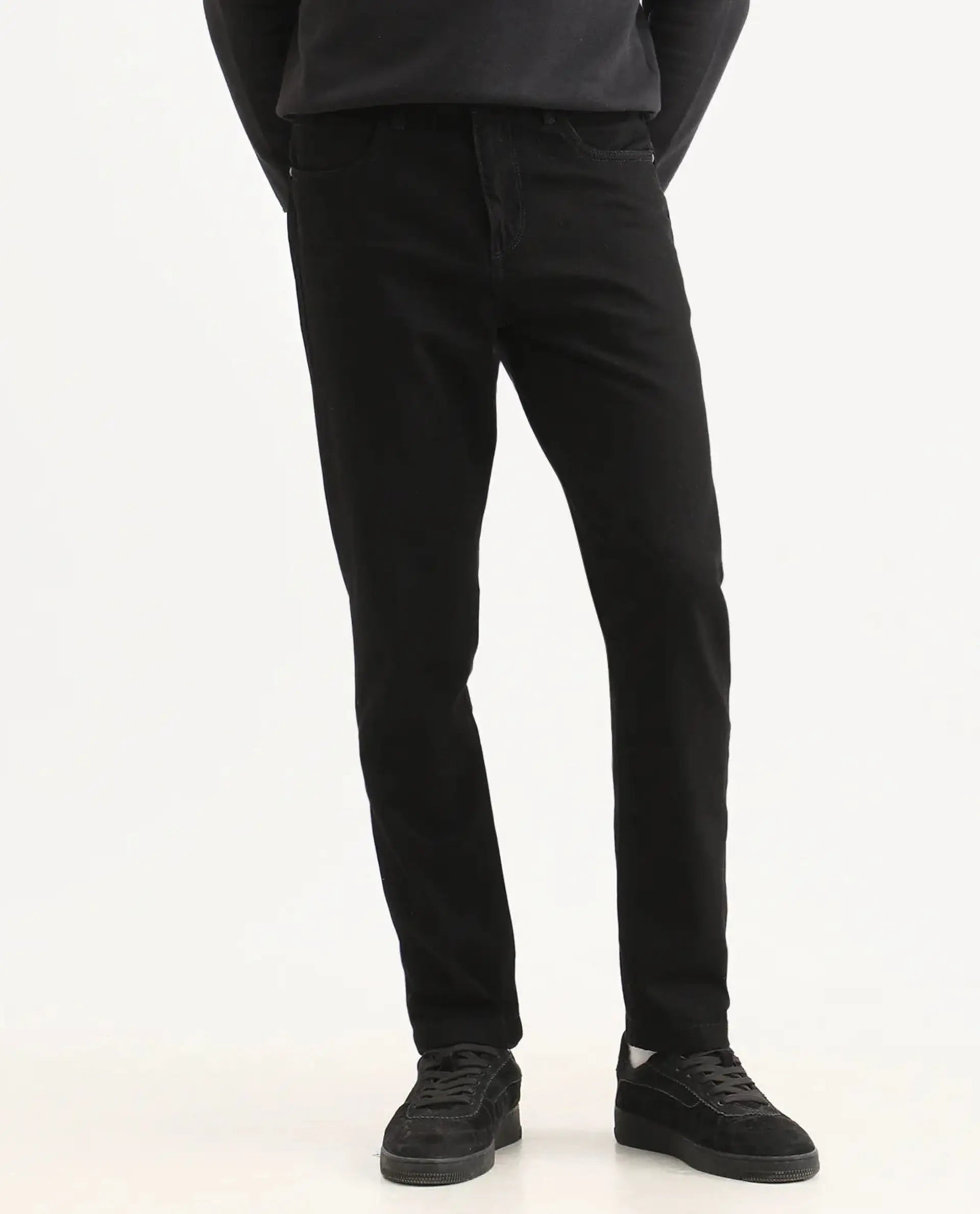 Rare Rabbit Men's Khal 26 Black Cotton Fabric Kurt Carrot Plain Jeans