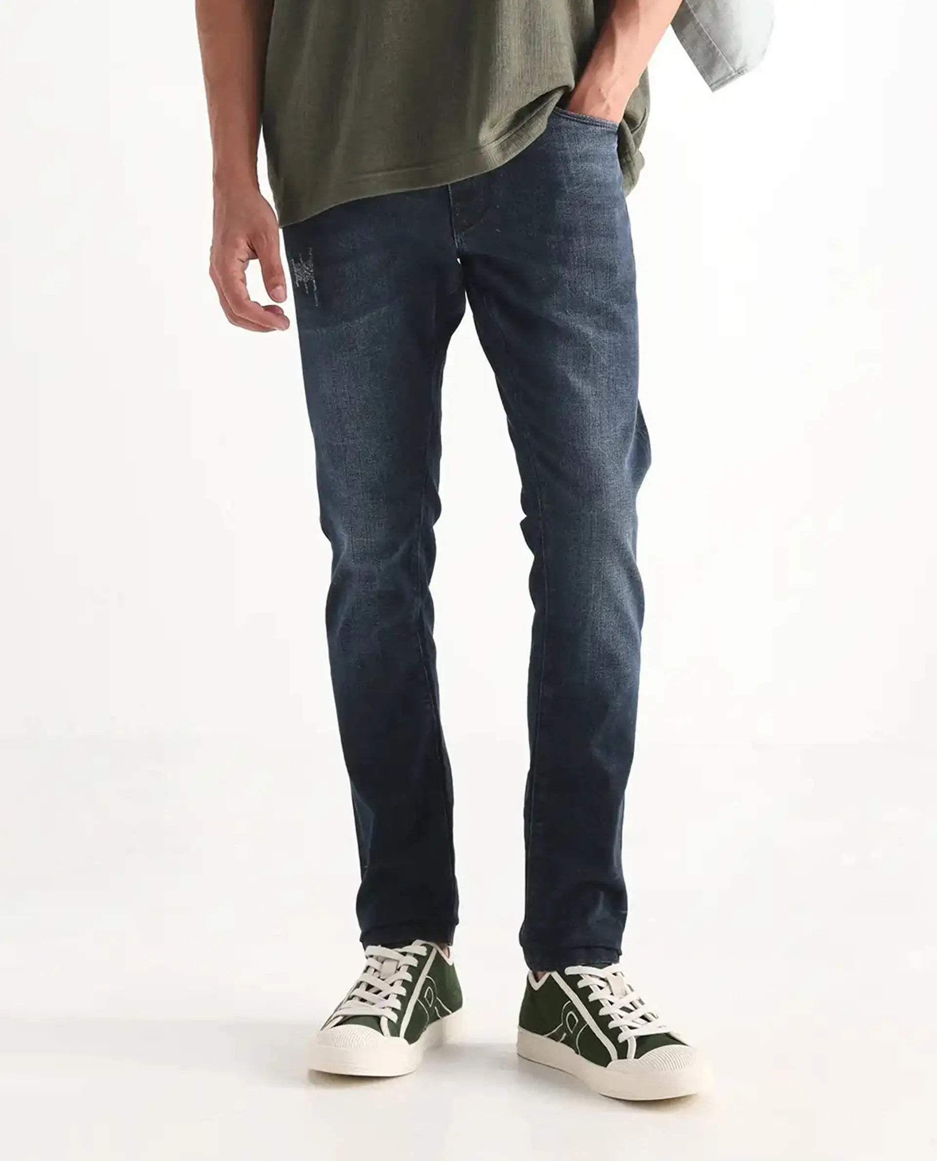 Rare Rabbit Men's Laiden Blue Cotton Plain Hawk Slim Fit Jeans