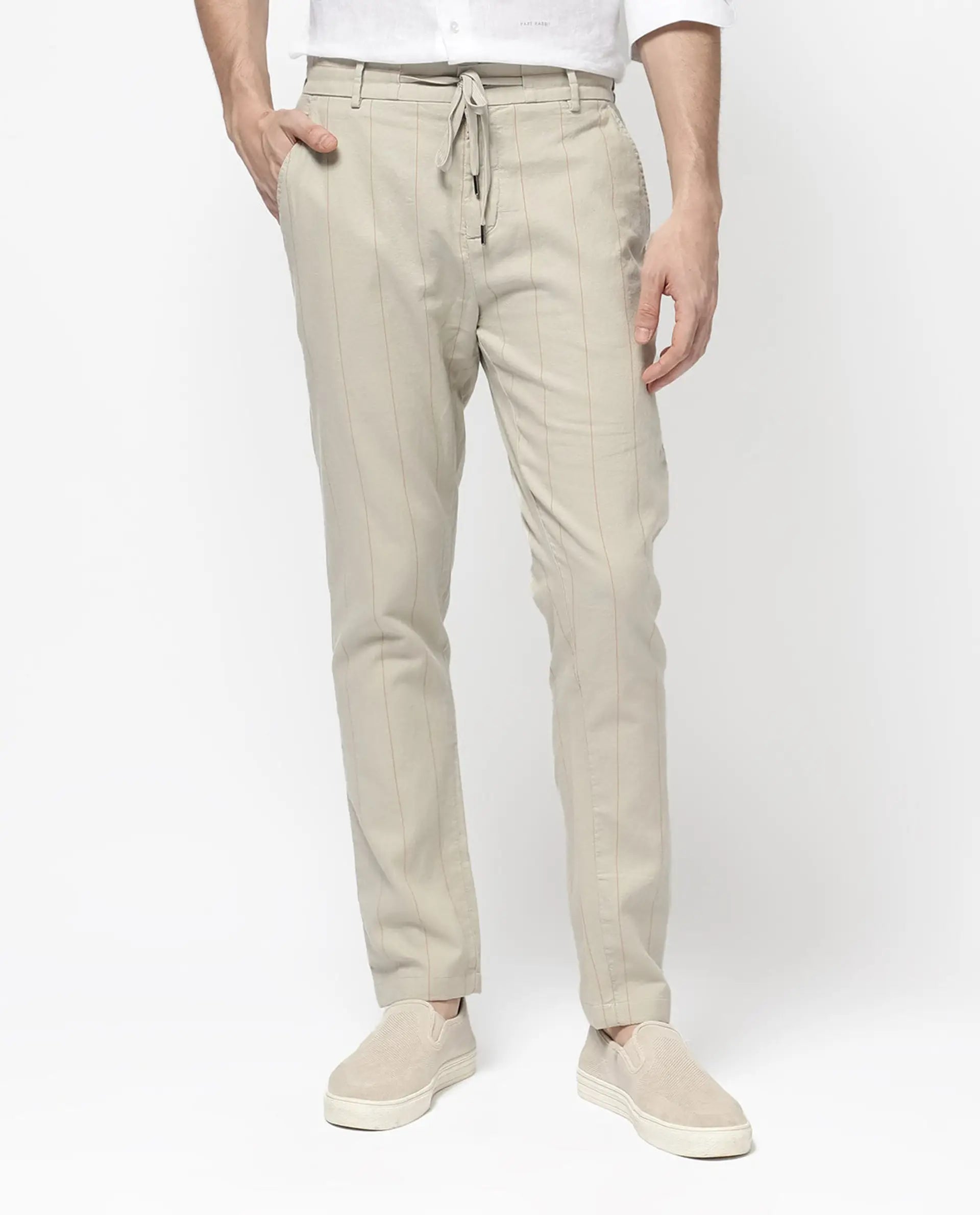 Rare Rabbit Men's Lanac Beige Cotton Striped Print Regular Fit Trouser