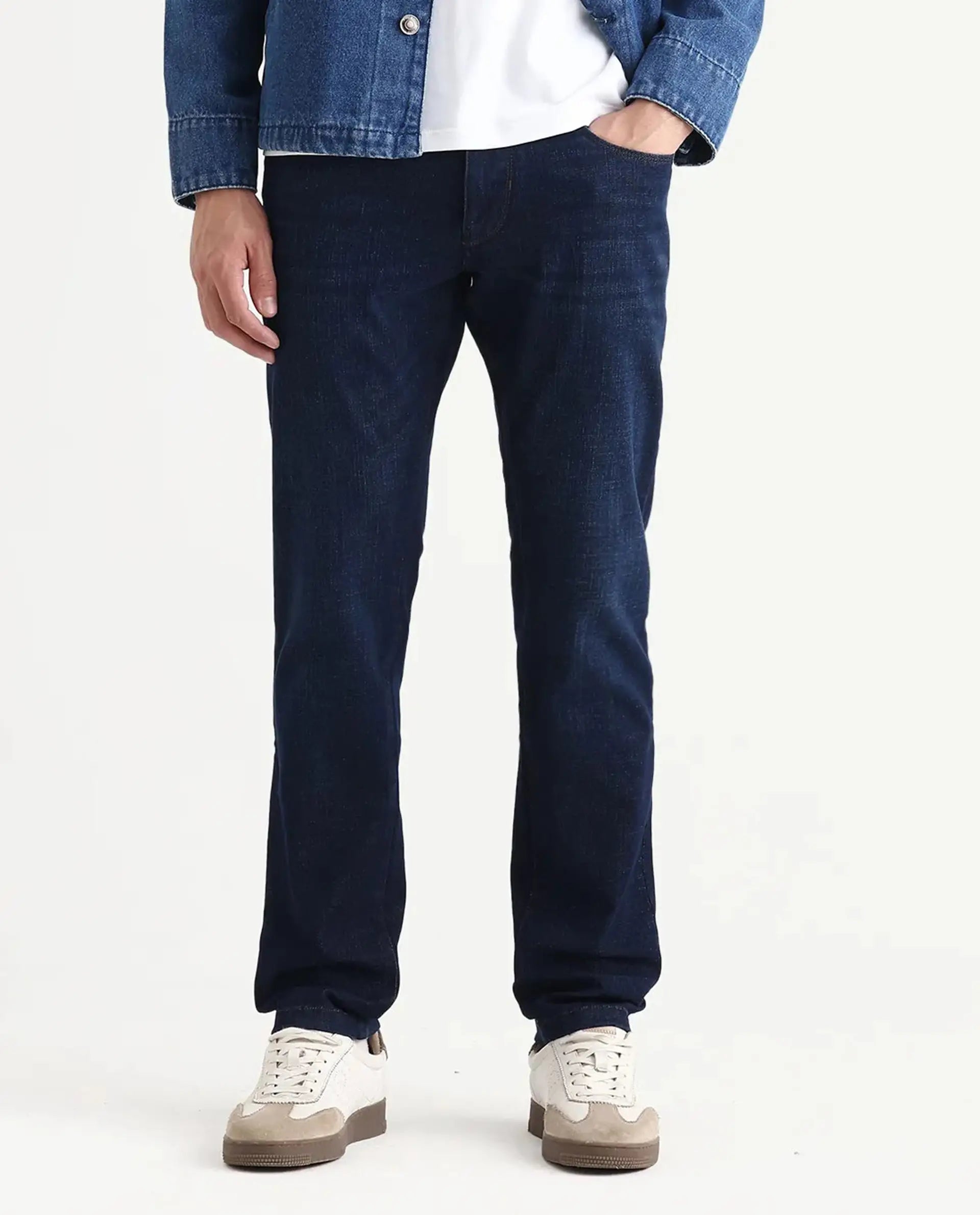Rare Rabbit Men's Ledo-1 Dark Navy Cotton Blend Fabric Hawk Slim Plain Jeans