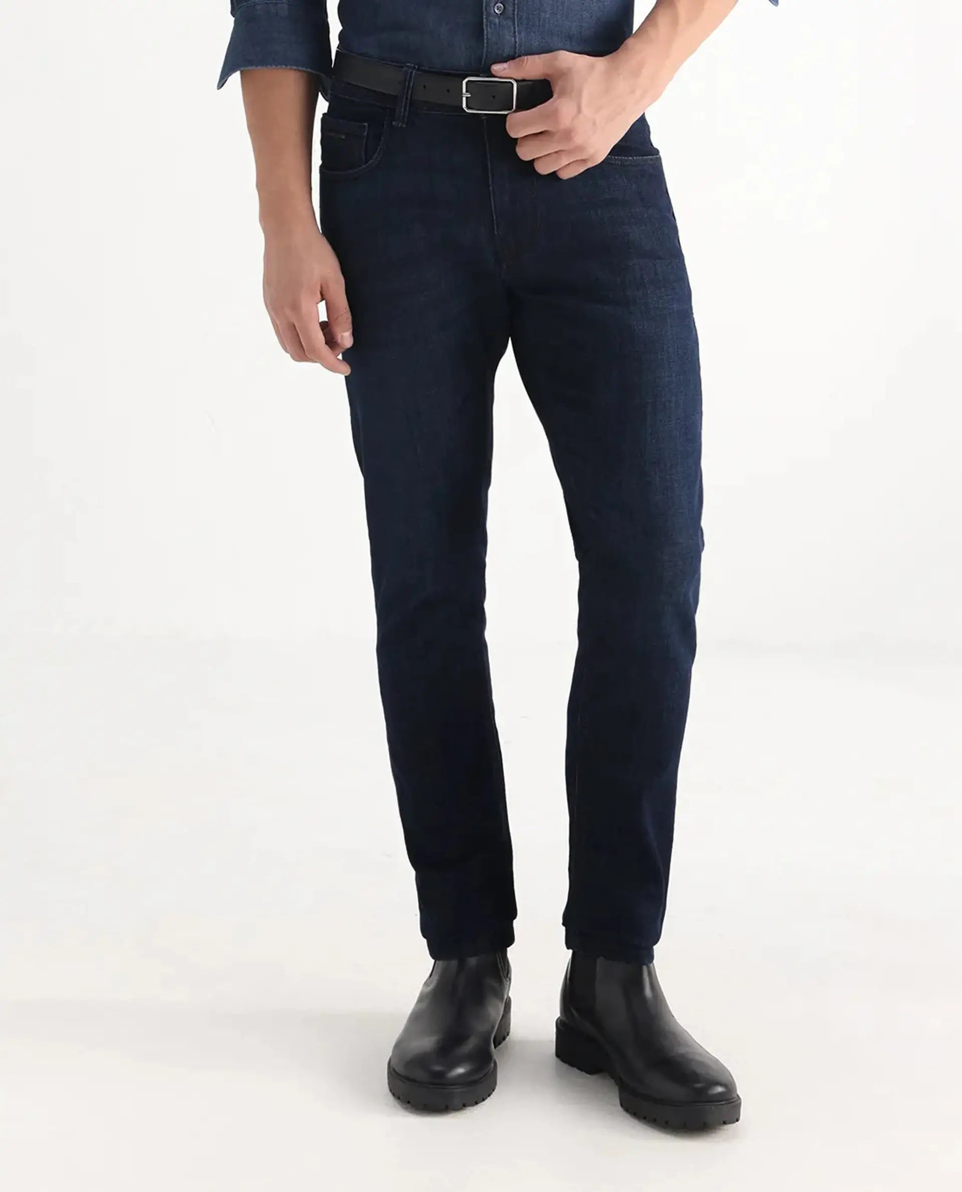 Rare Rabbit Men's Ledo Dark Navy Cotton Blend Plain Hawk Slim Fit Jeans