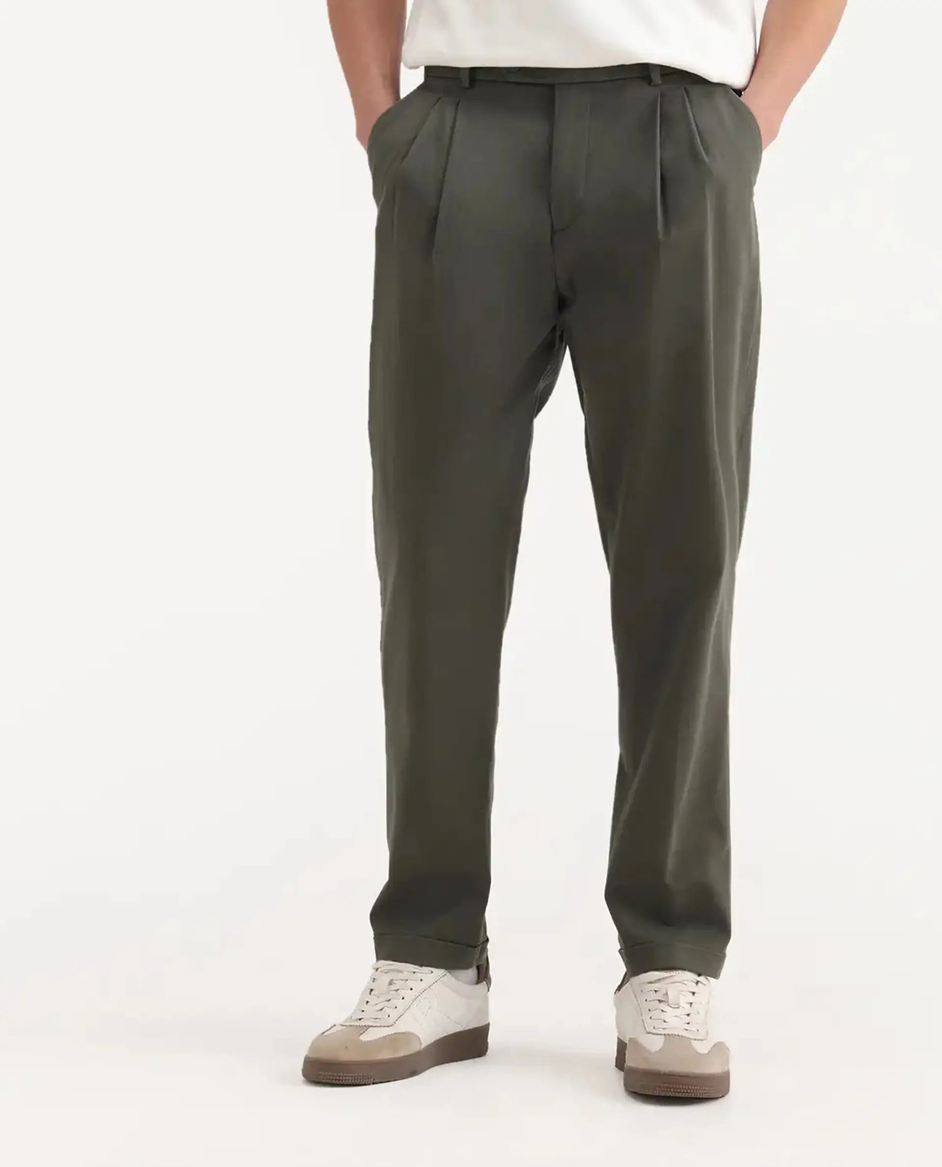 Rare Rabbit Men's Leni Olive Cotton Blend Plain Baggy Fit Gurkha Trouser