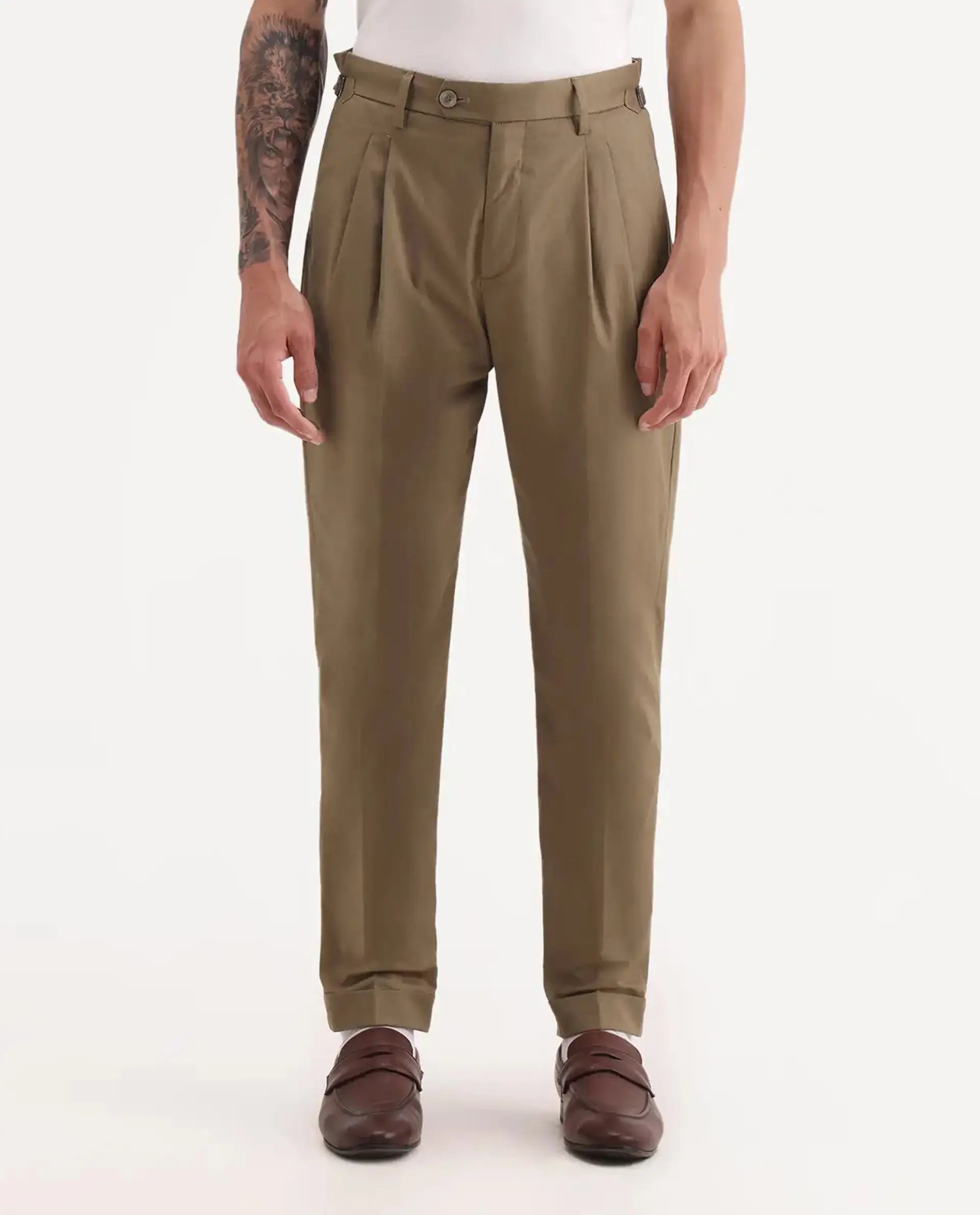 Rare Rabbit Men's Lewit Khaki Cotton Plain Regular Fit Trouser