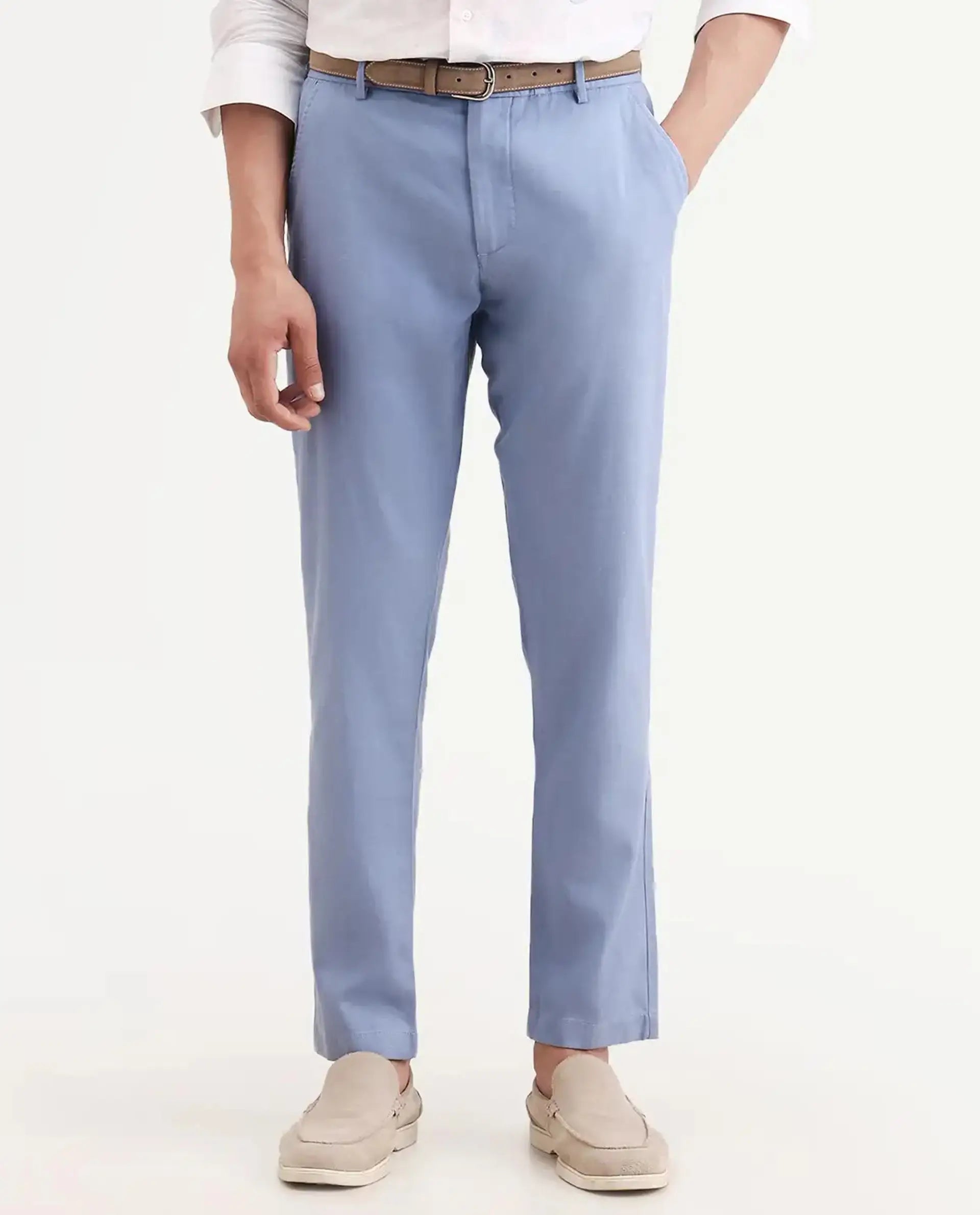 Rare Rabbit Men's Linol-T Light Blue Linen Blend Fabric Regular Fit Drawstring Plain Trouser