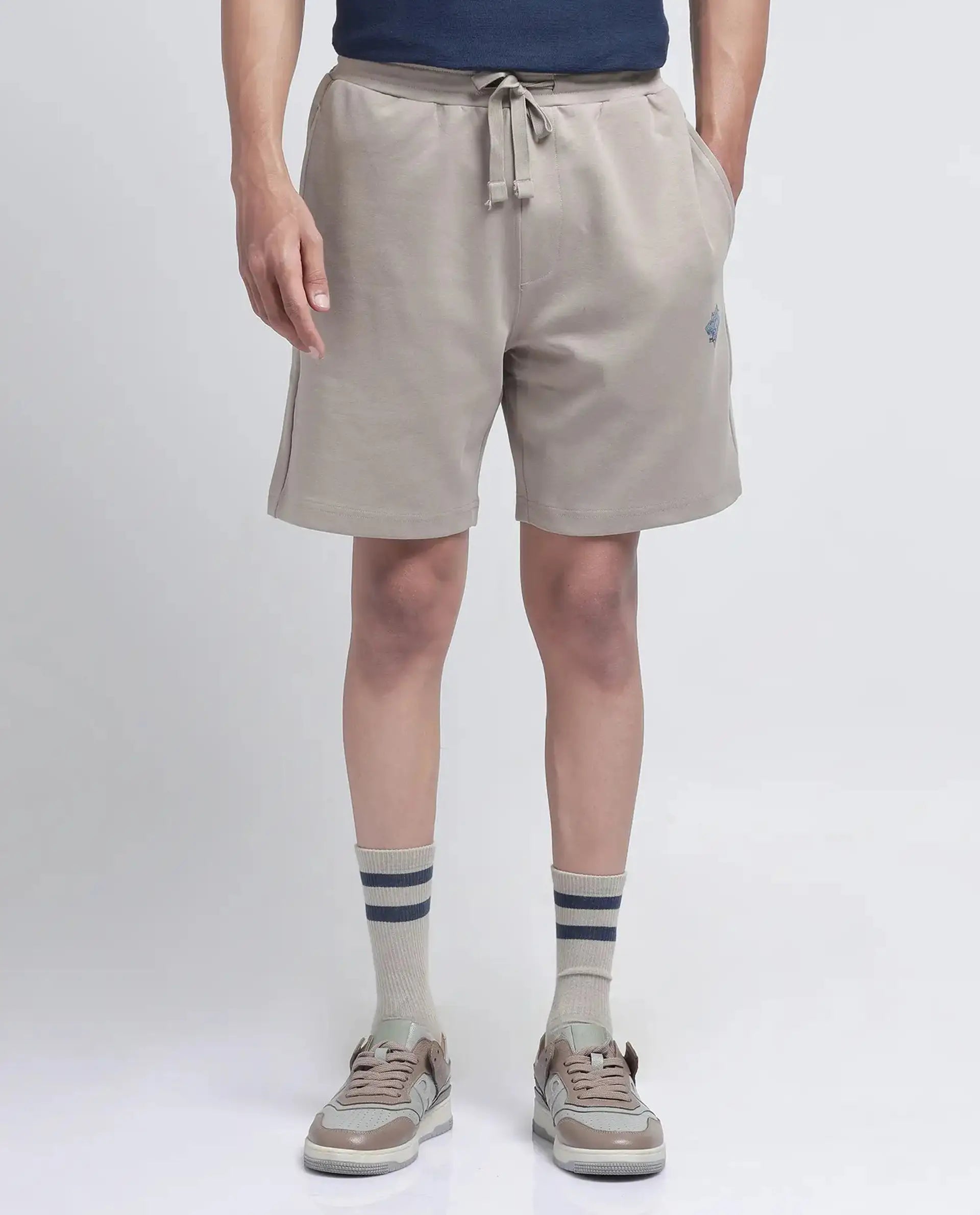 Rare Rabbit Men's Linor Beige Cotton Blend Plain Relaxed Fit Shorts