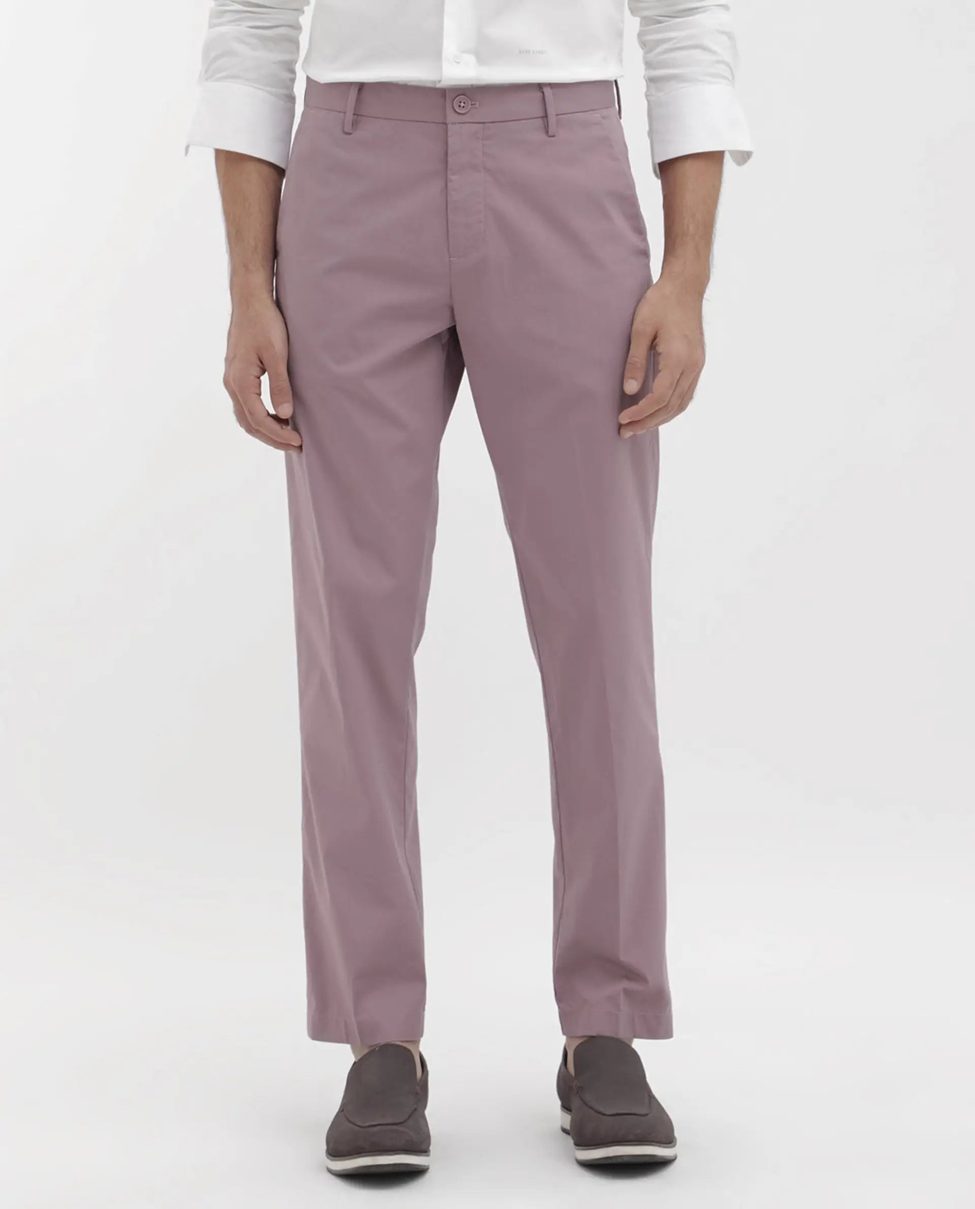 Rare Rabbit Men's Linotel Pastel Pink Cotton Blend Plain Regular Fit Trouser