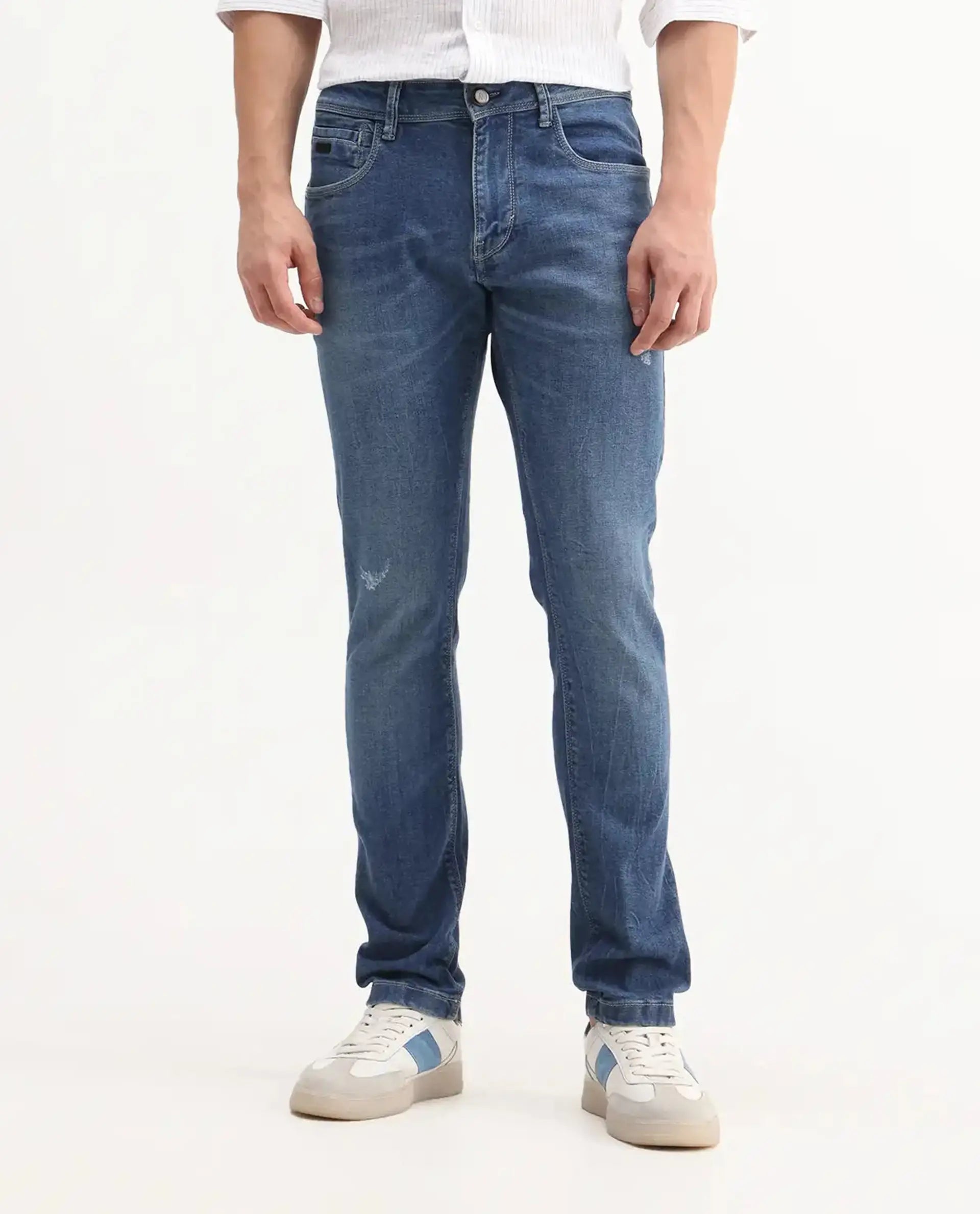 Rare Rabbit Men's Lonar Blue Cotton Blend Plain Hawk Slim Fit Jeans
