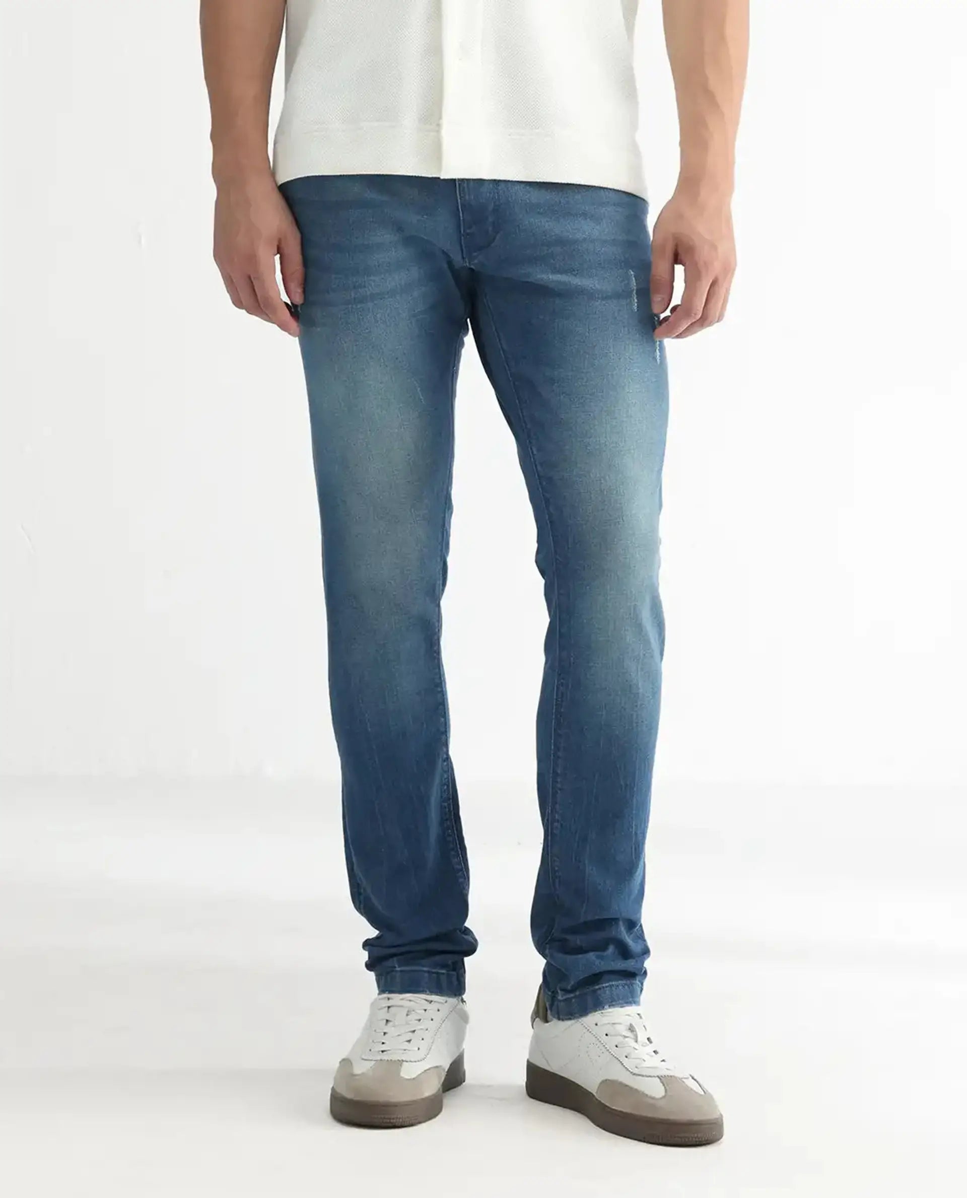 Rare Rabbit Men's Luxen Blue Cotton Plain Hawk Slim Fit Jeans