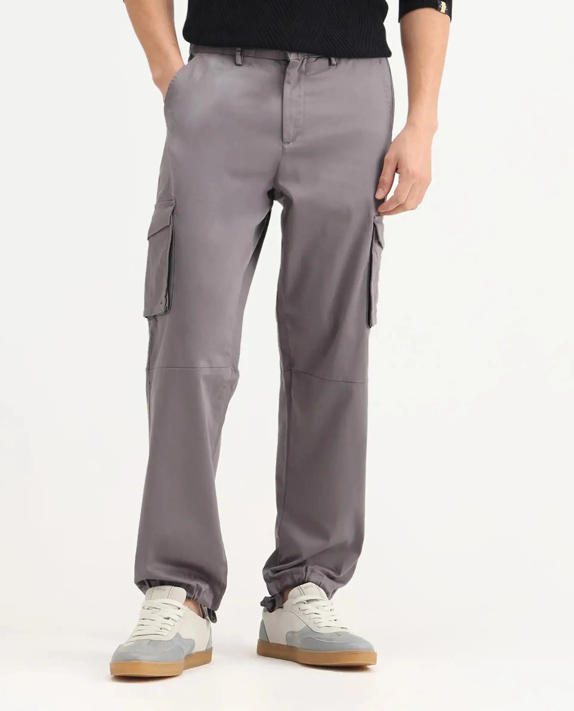 Rare Rabbit Men's Maks Dark Grey Cotton Plain Regular Fit Trouser