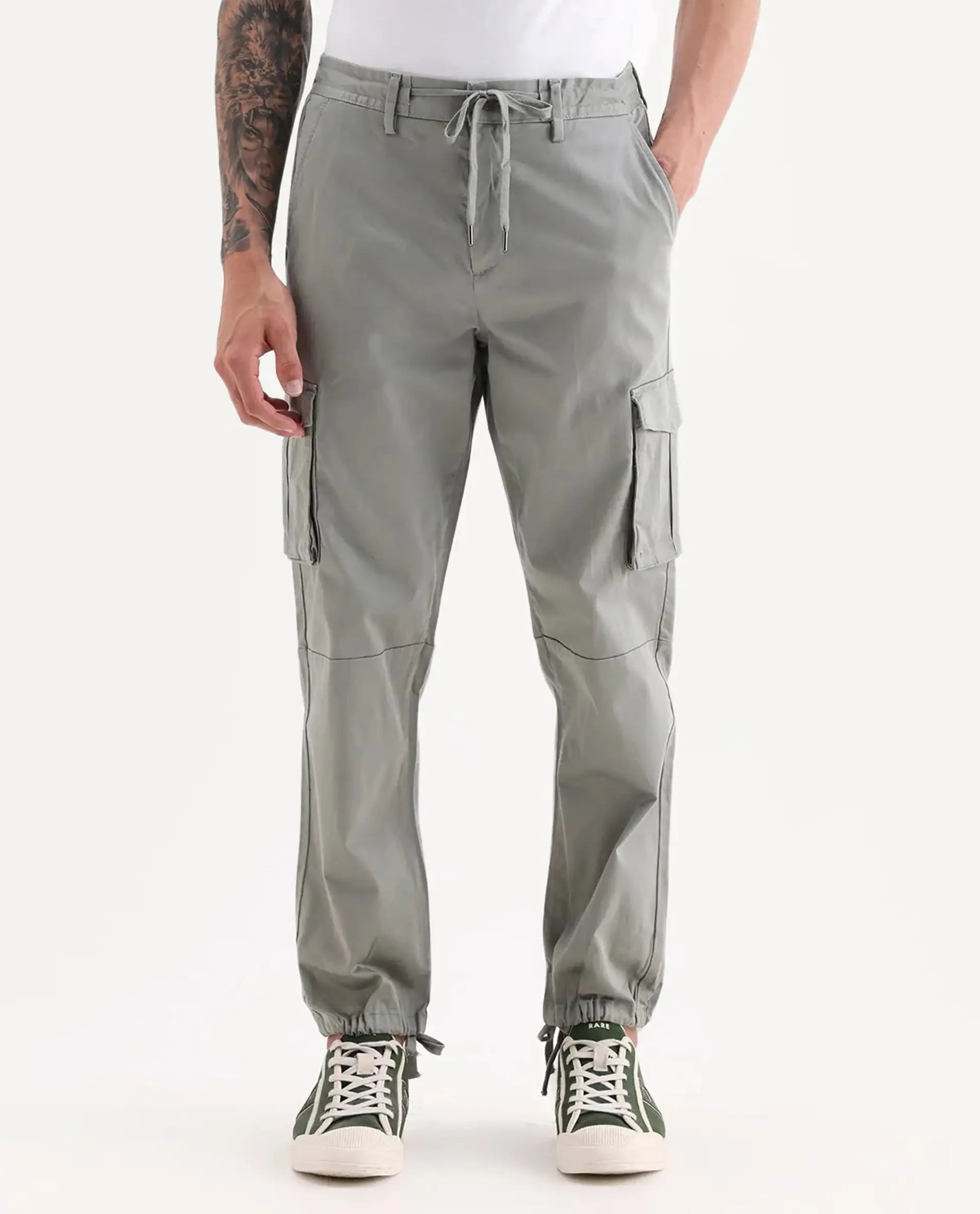 Rare Rabbit Men's Maks Dusky Olive Cotton Plain Regular Fit Trouser