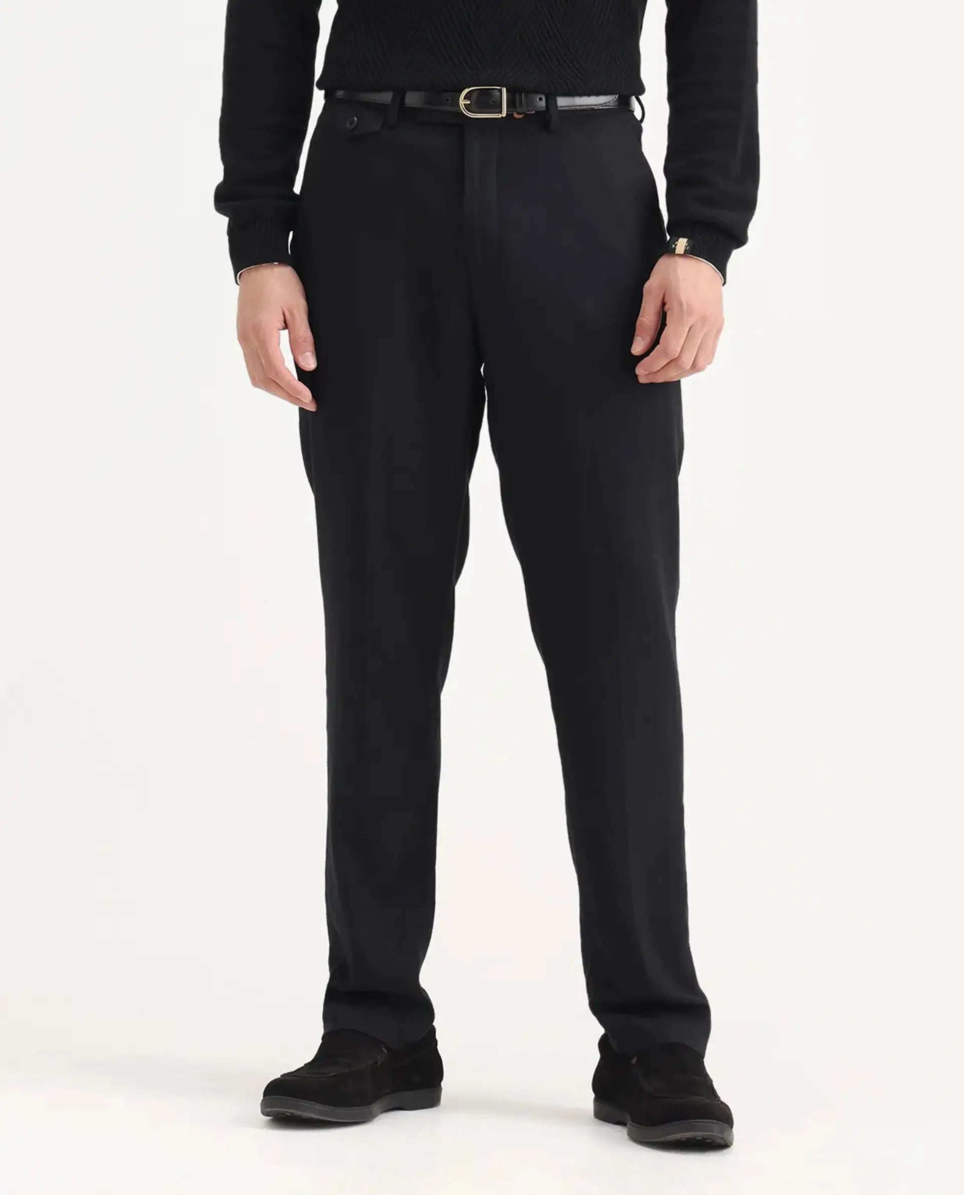 Rare Rabbit Men's Masoni-B Black Linen Blend Plain Relaxed Fit Trouser